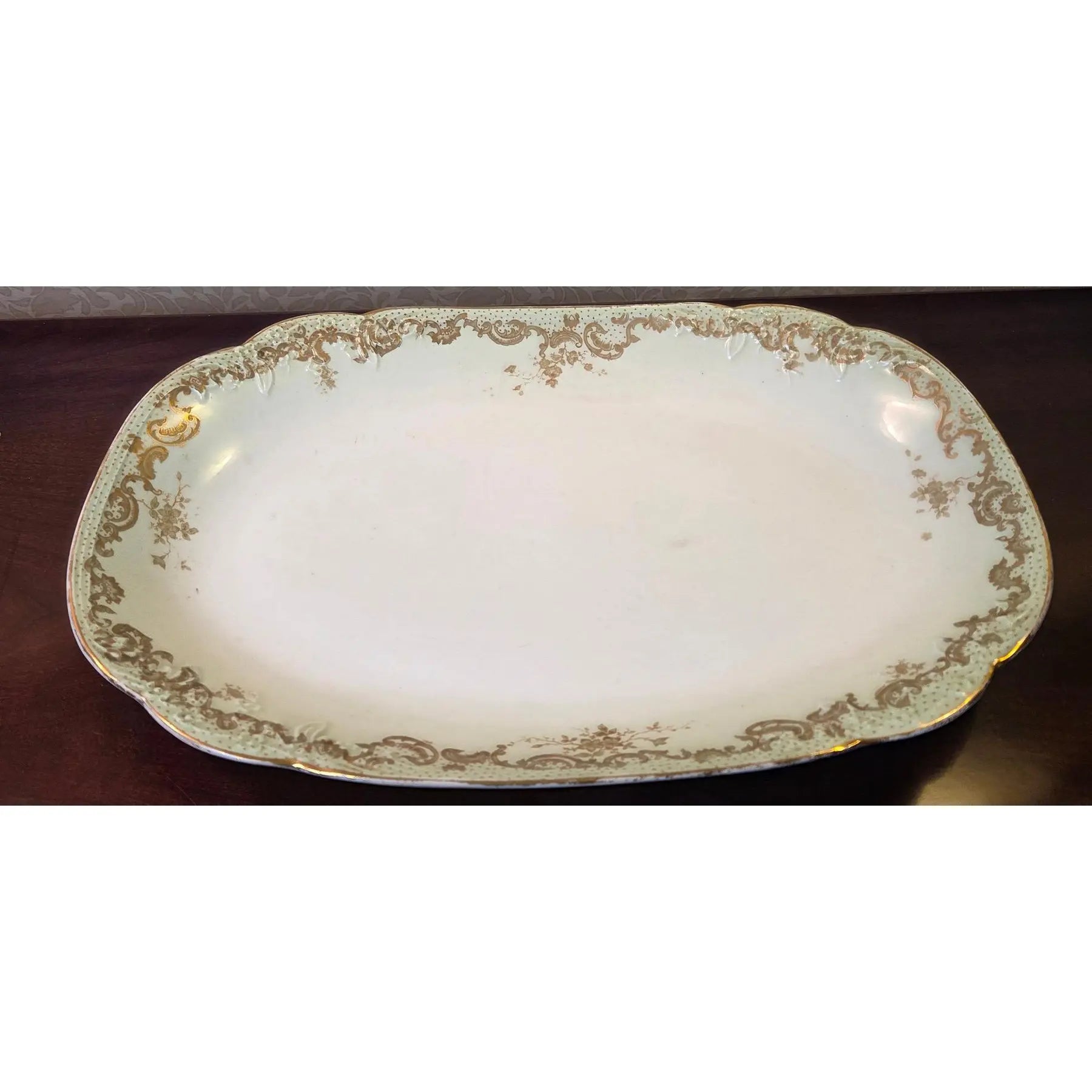 Antique Elite Works Limoges Large 13.5” Serving Platter - Celadon Dot & Gilded Scrolls