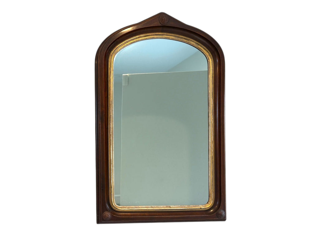 Antique Victorian Gothic Revival Arched Wall Mirror With Wood Rosette Detail