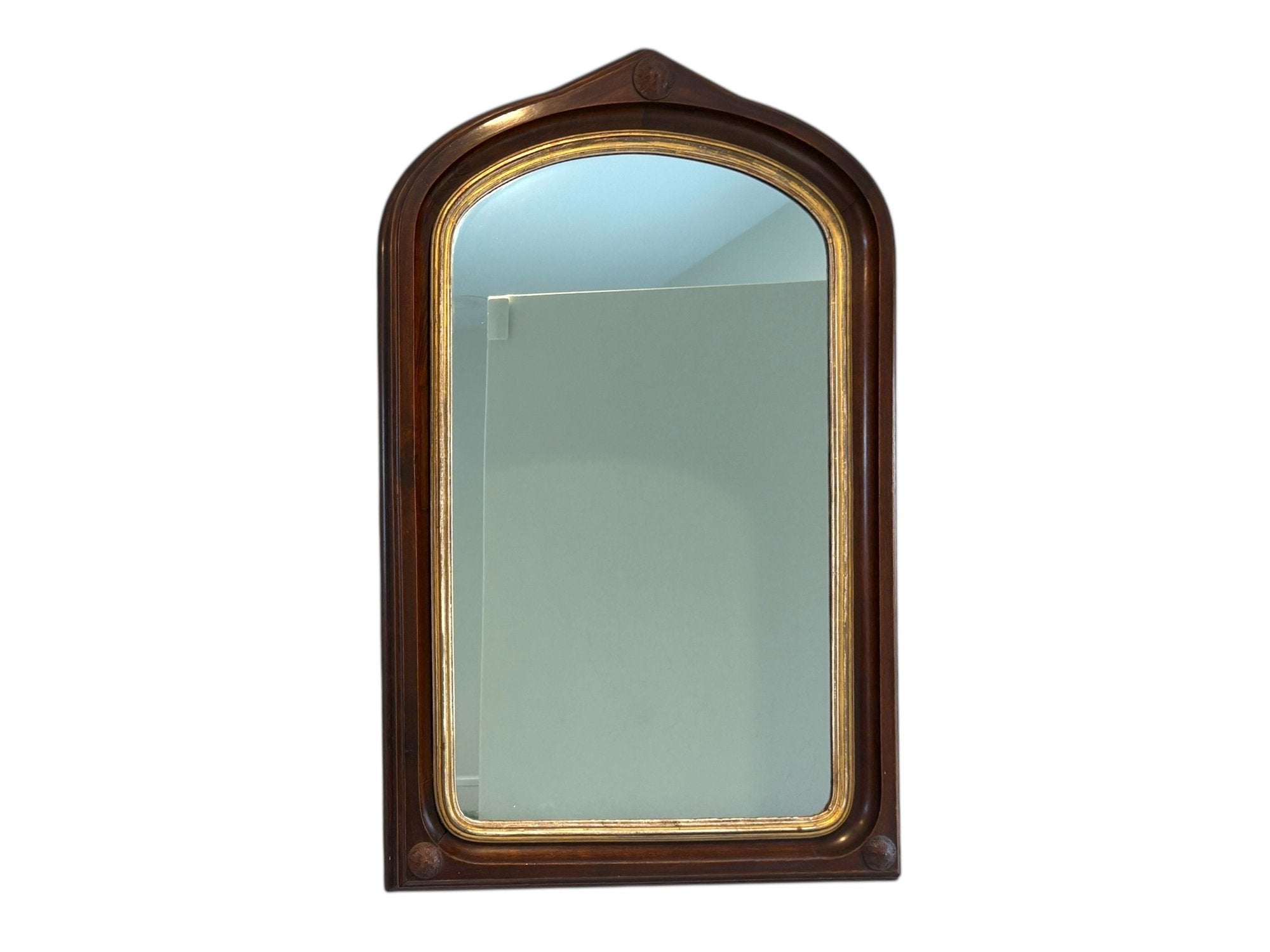 Antique Victorian Gothic Revival Arched Wall Mirror With Wood Rosette Detail