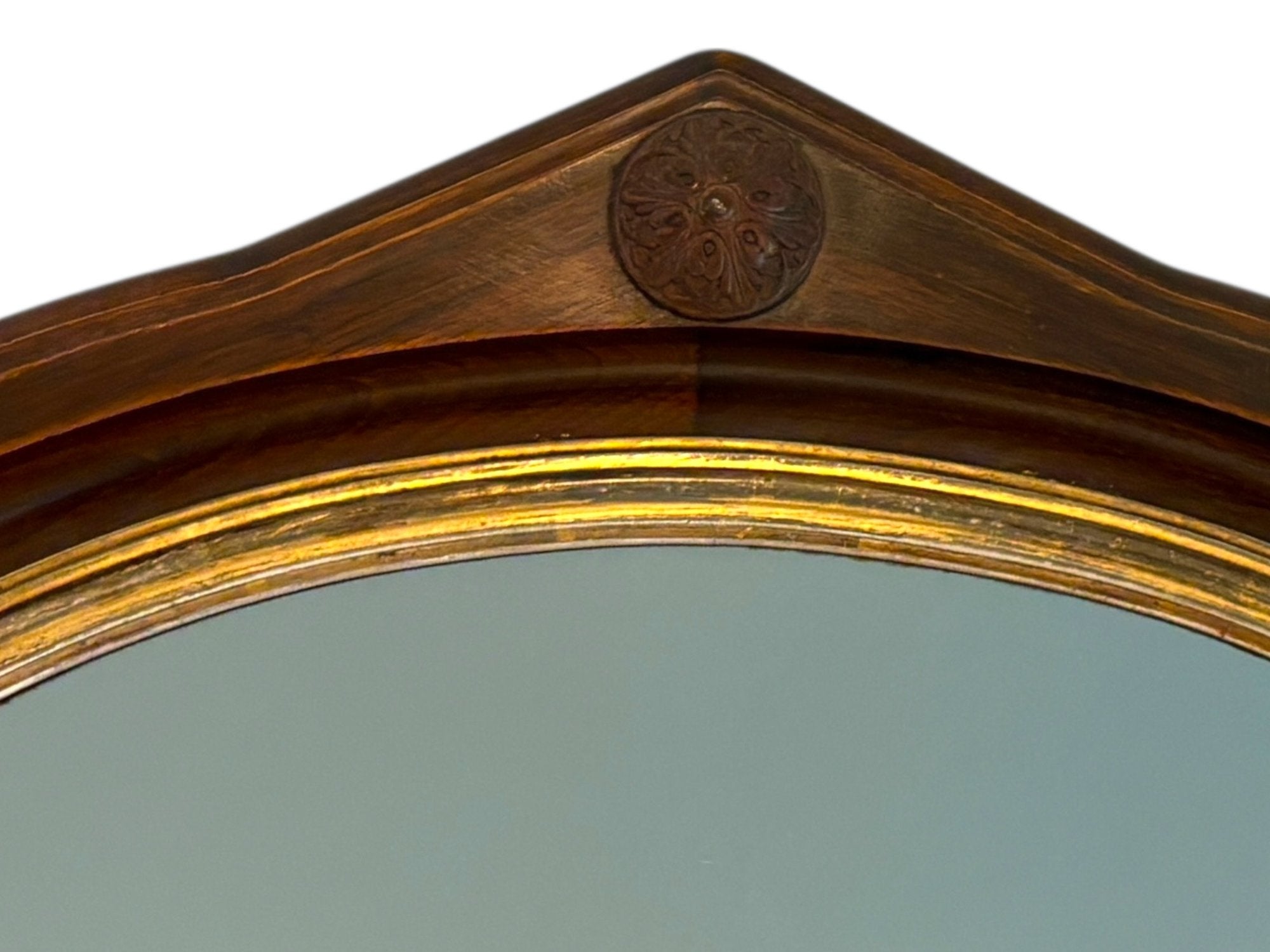 Antique Victorian Gothic Revival Arched Wall Mirror With Wood Rosette Detail