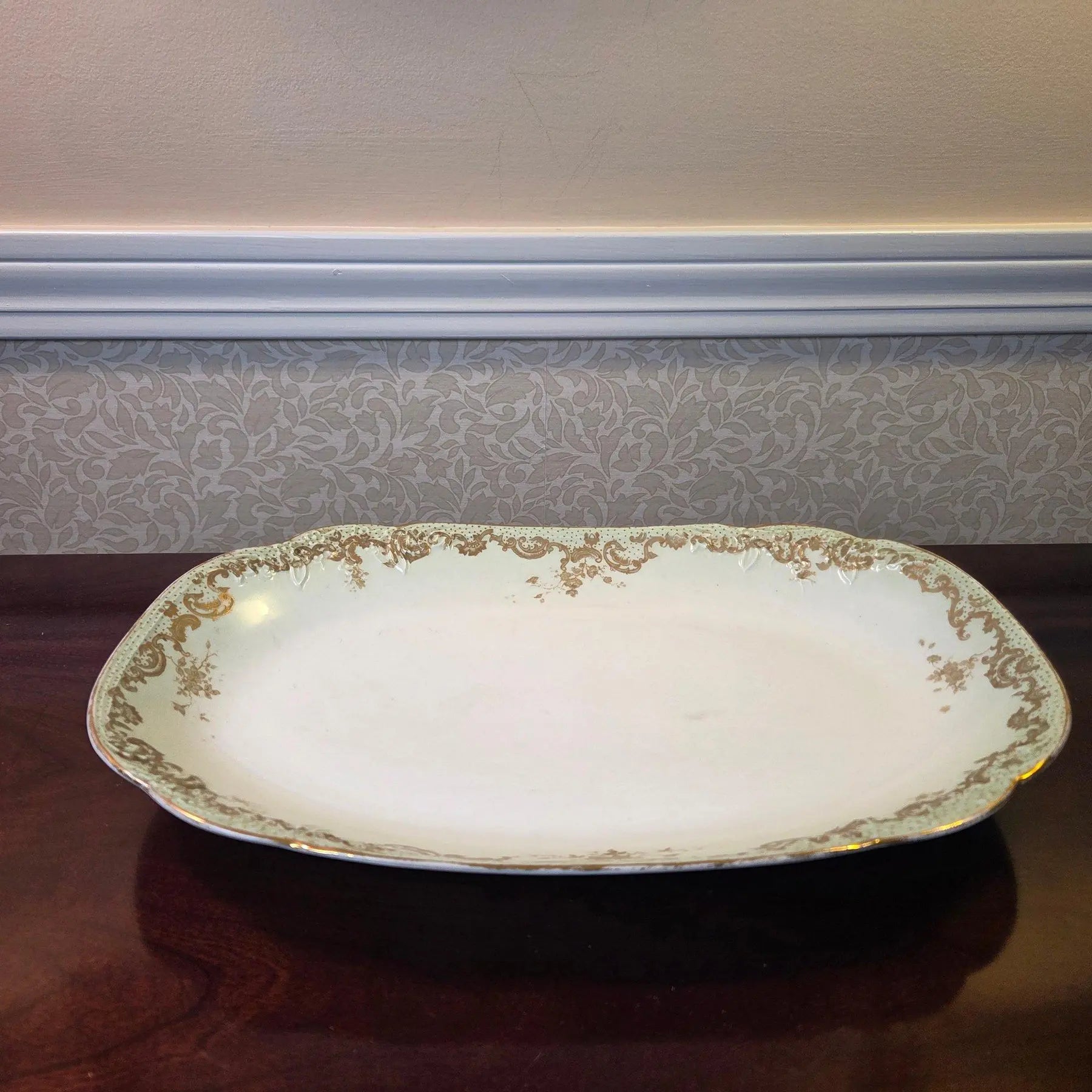 Antique Elite Works Limoges Large 13.5” Serving Platter - Celadon Dot & Gilded Scrolls