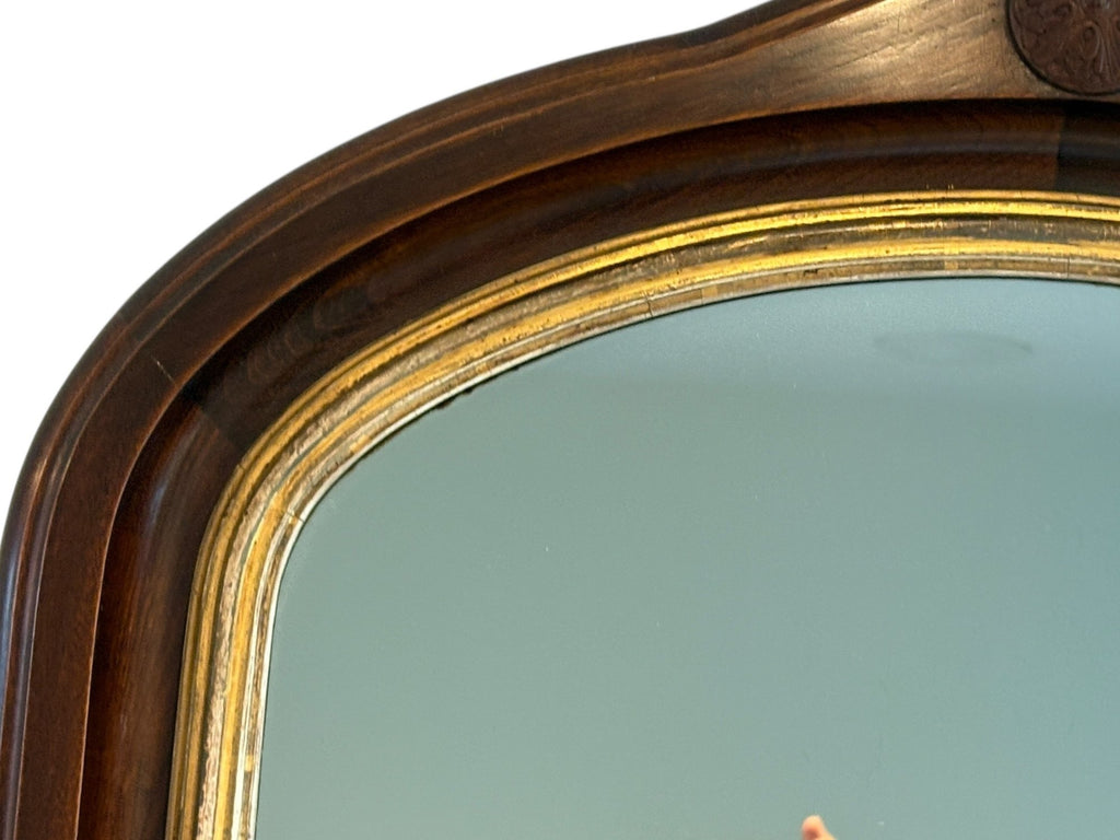 Antique Victorian Gothic Revival Arched Wall Mirror With Wood Rosette Detail