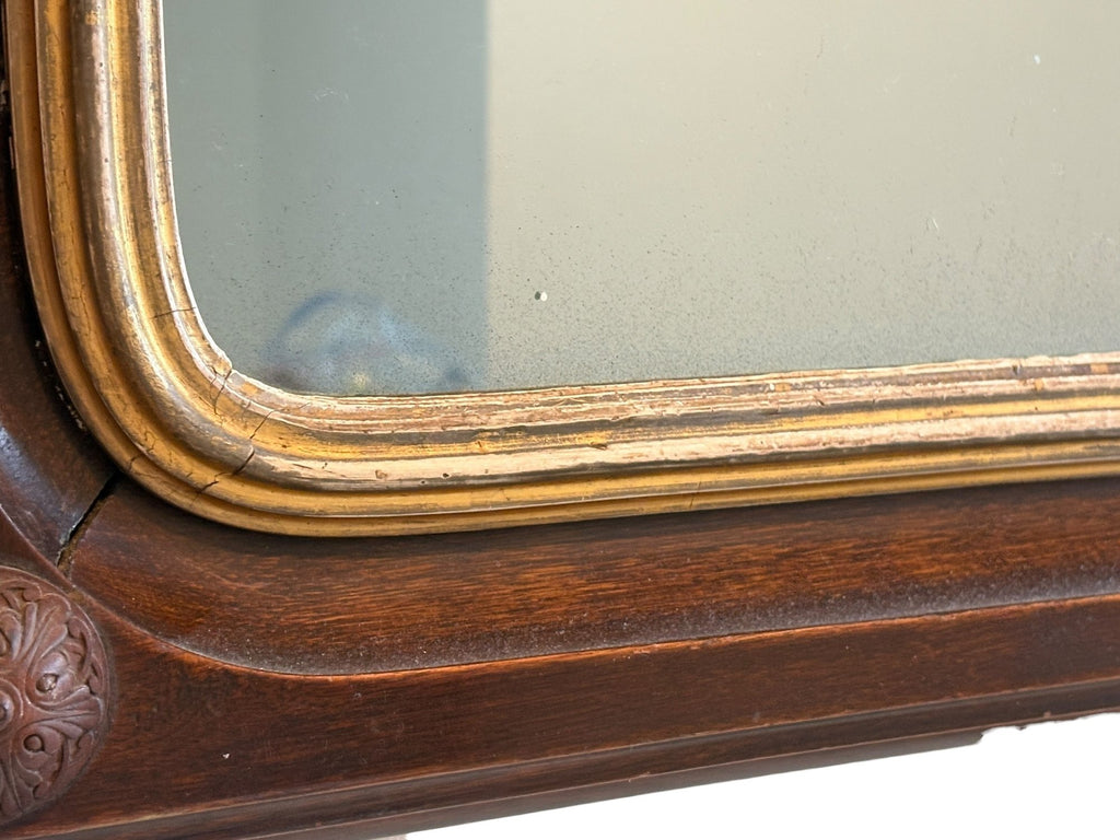 Antique Victorian Gothic Revival Arched Wall Mirror With Wood Rosette Detail