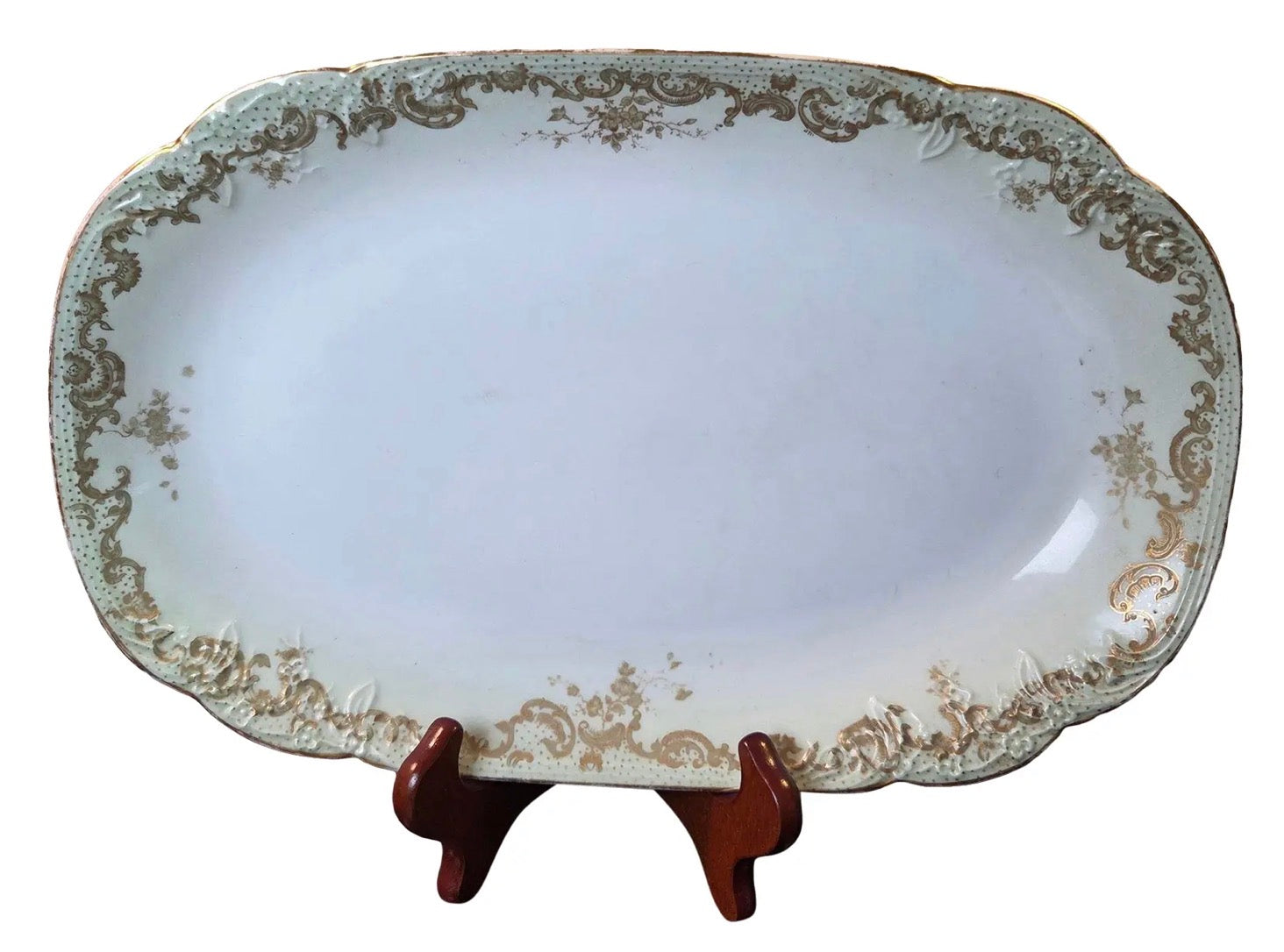 Antique Elite Works Limoges Large 13.5” Serving Platter - Celadon Dot & Gilded Scrolls