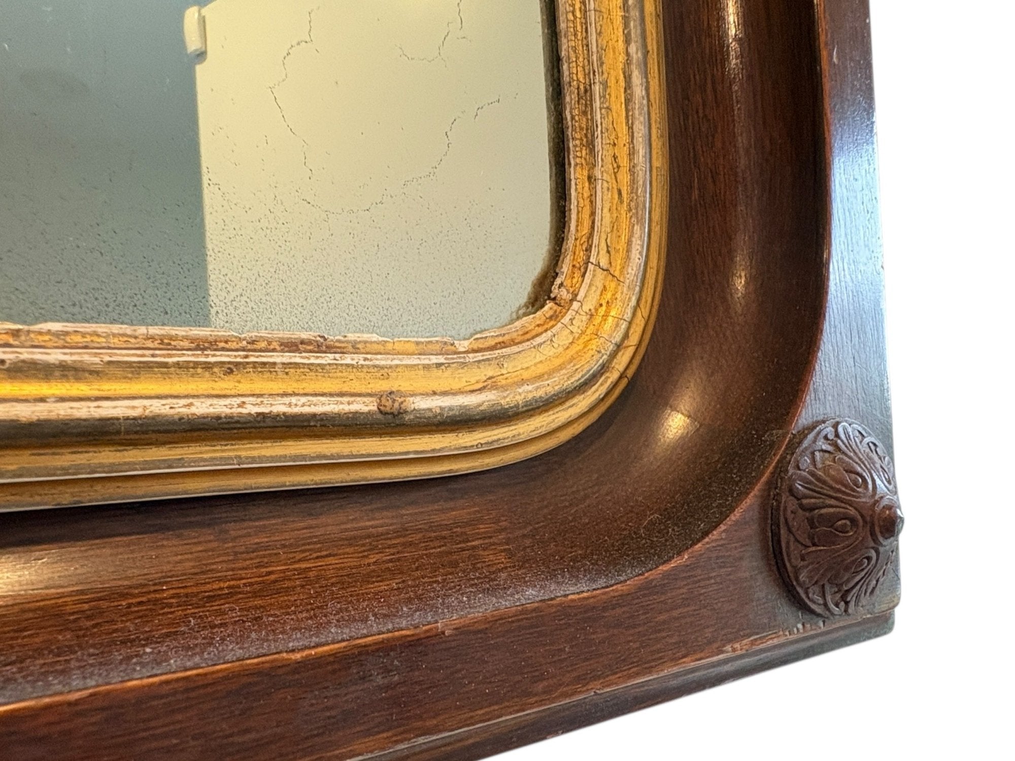 Antique Victorian Gothic Revival Arched Wall Mirror With Wood Rosette Detail