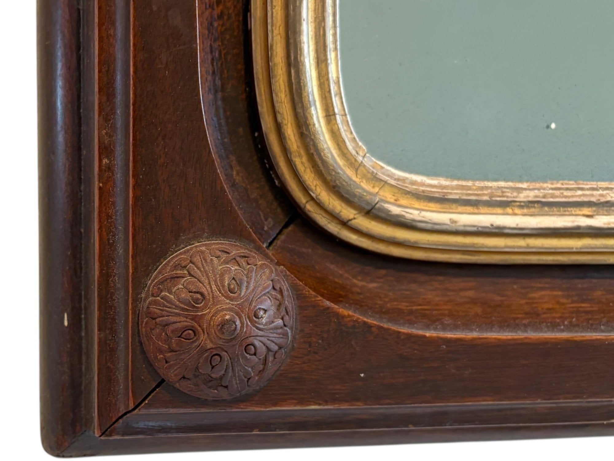 Antique Victorian Gothic Revival Arched Wall Mirror With Wood Rosette Detail