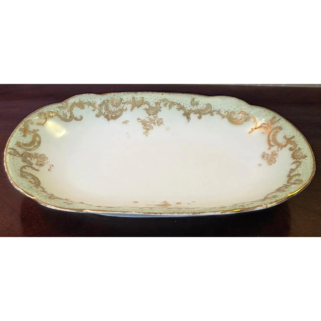 Antique Elite Works Limoges 8.5" Relish Dish - Gilded Scrolls & Celadon Dot Border
