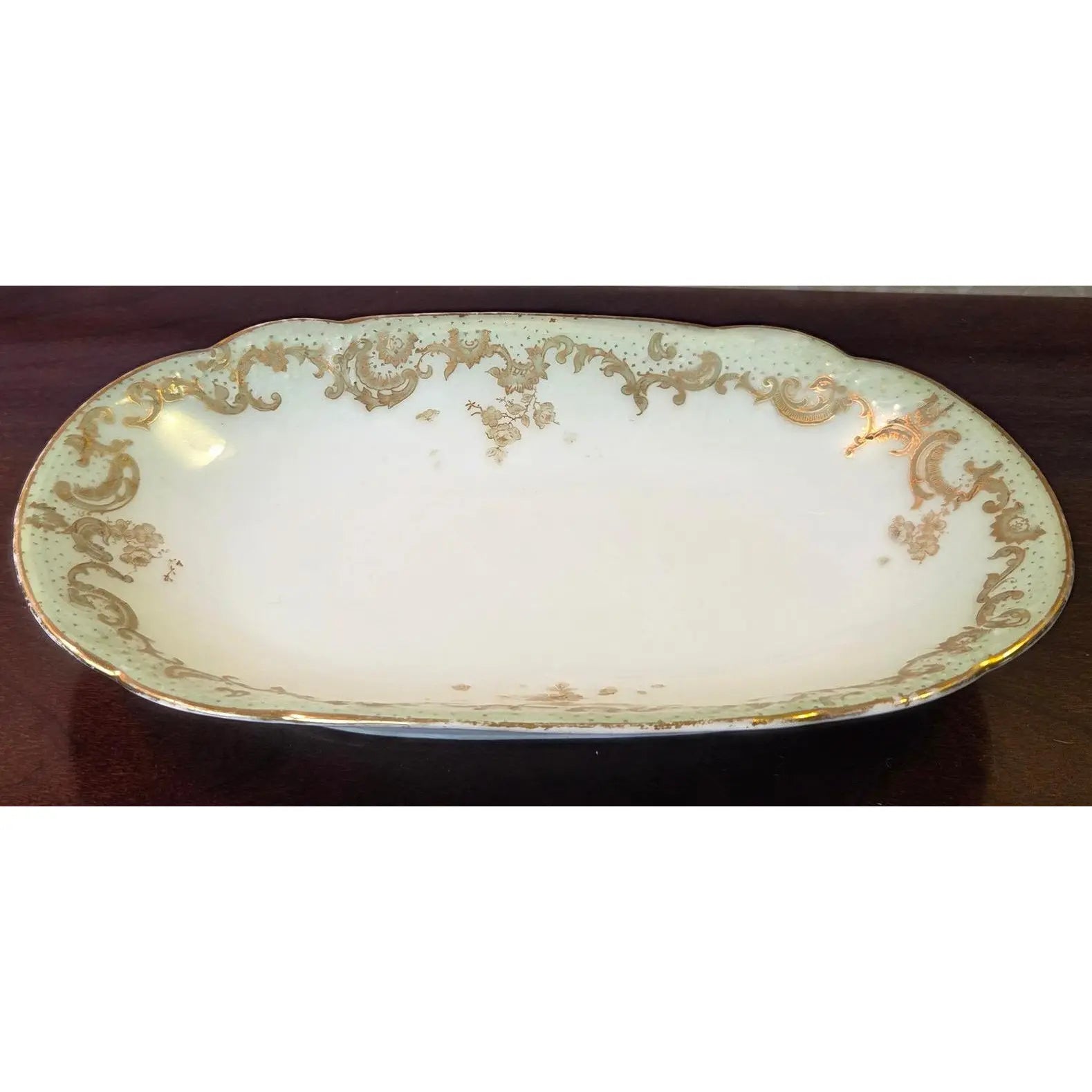 Antique Elite Works Limoges 8.5" Relish Dish - Gilded Scrolls & Celadon Dot Border
