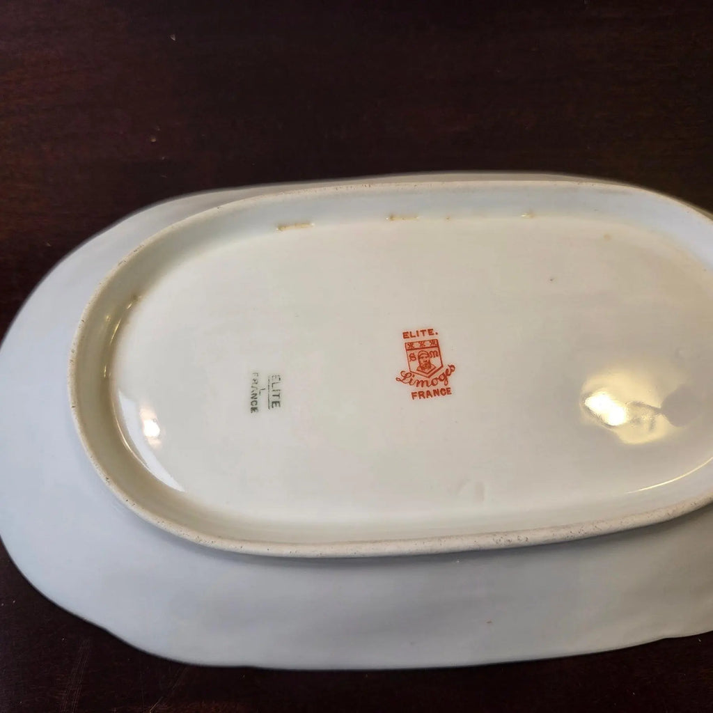 Antique Elite Works Limoges 8.5" Relish Dish - Gilded Scrolls & Celadon Dot Border