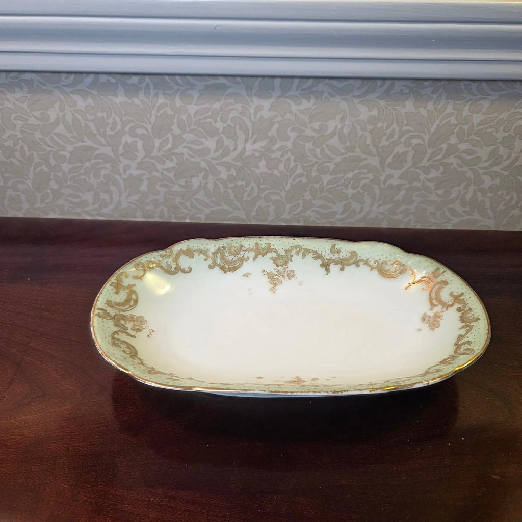 Antique Elite Works Limoges 8.5" Relish Dish - Gilded Scrolls & Celadon Dot Border
