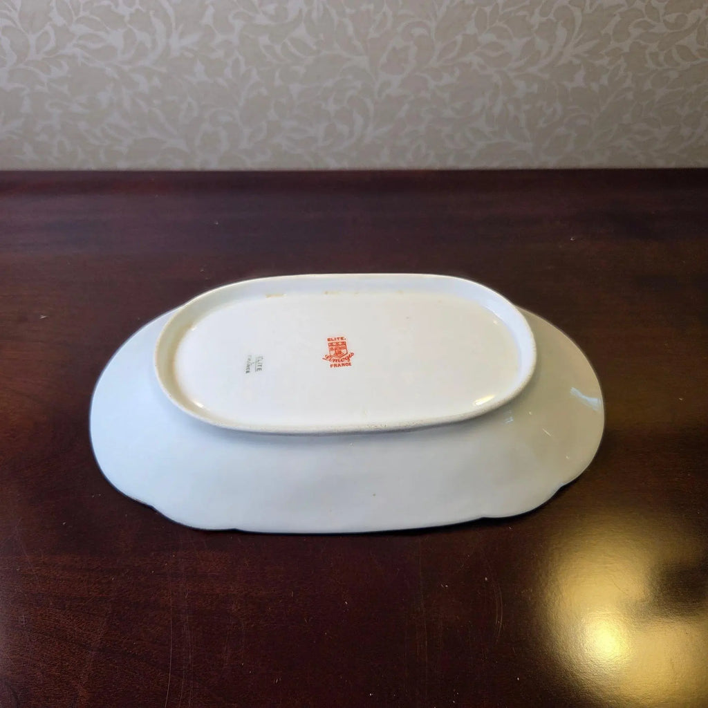 Antique Elite Works Limoges 8.5" Relish Dish - Gilded Scrolls & Celadon Dot Border
