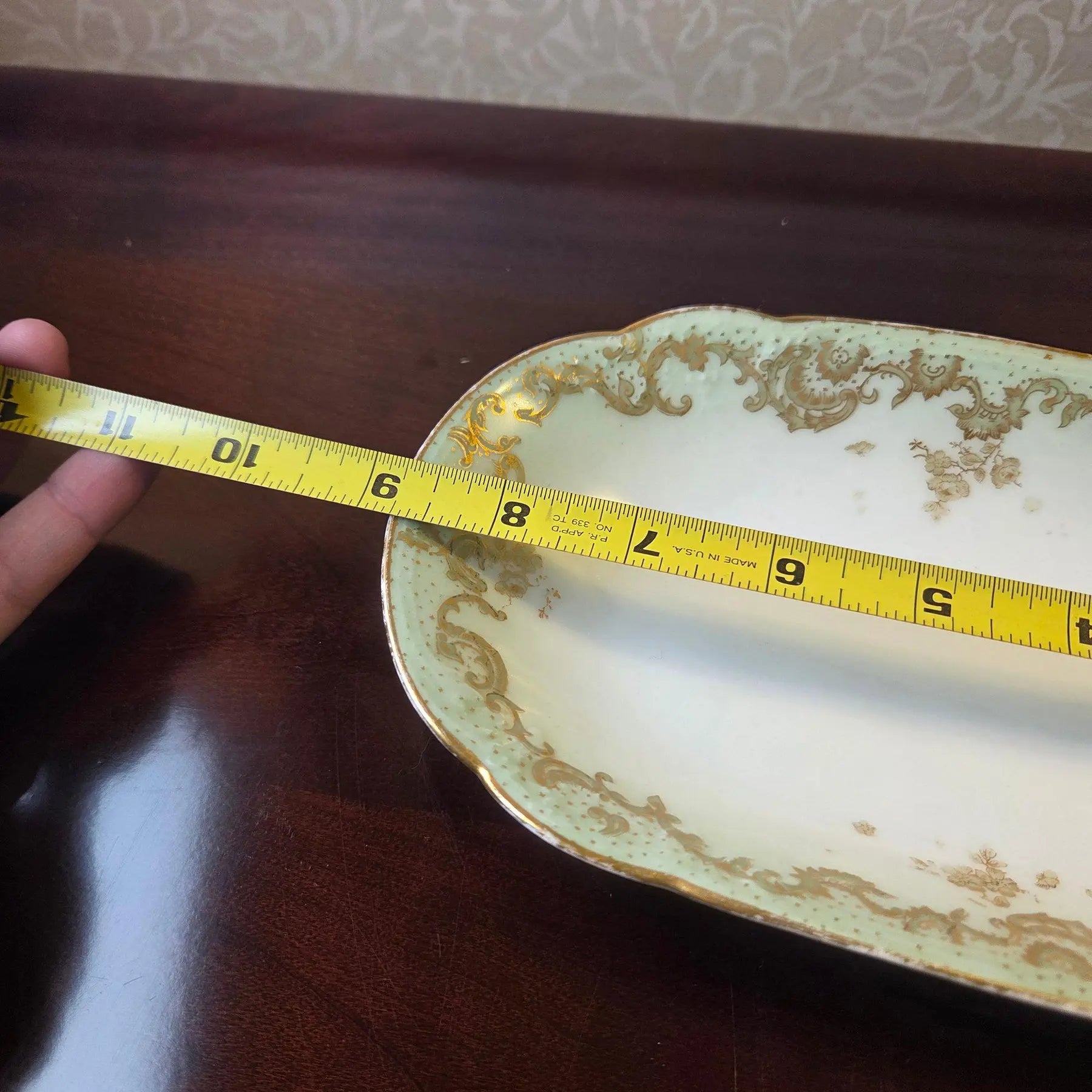 Antique Elite Works Limoges 8.5" Relish Dish - Gilded Scrolls & Celadon Dot Border