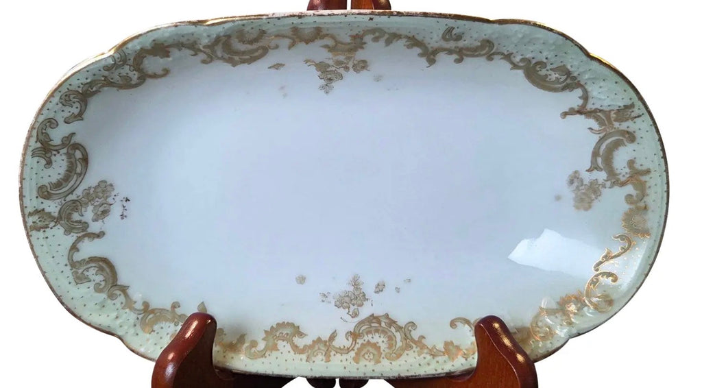 Antique Elite Works Limoges 8.5" Relish Dish - Gilded Scrolls & Celadon Dot Border