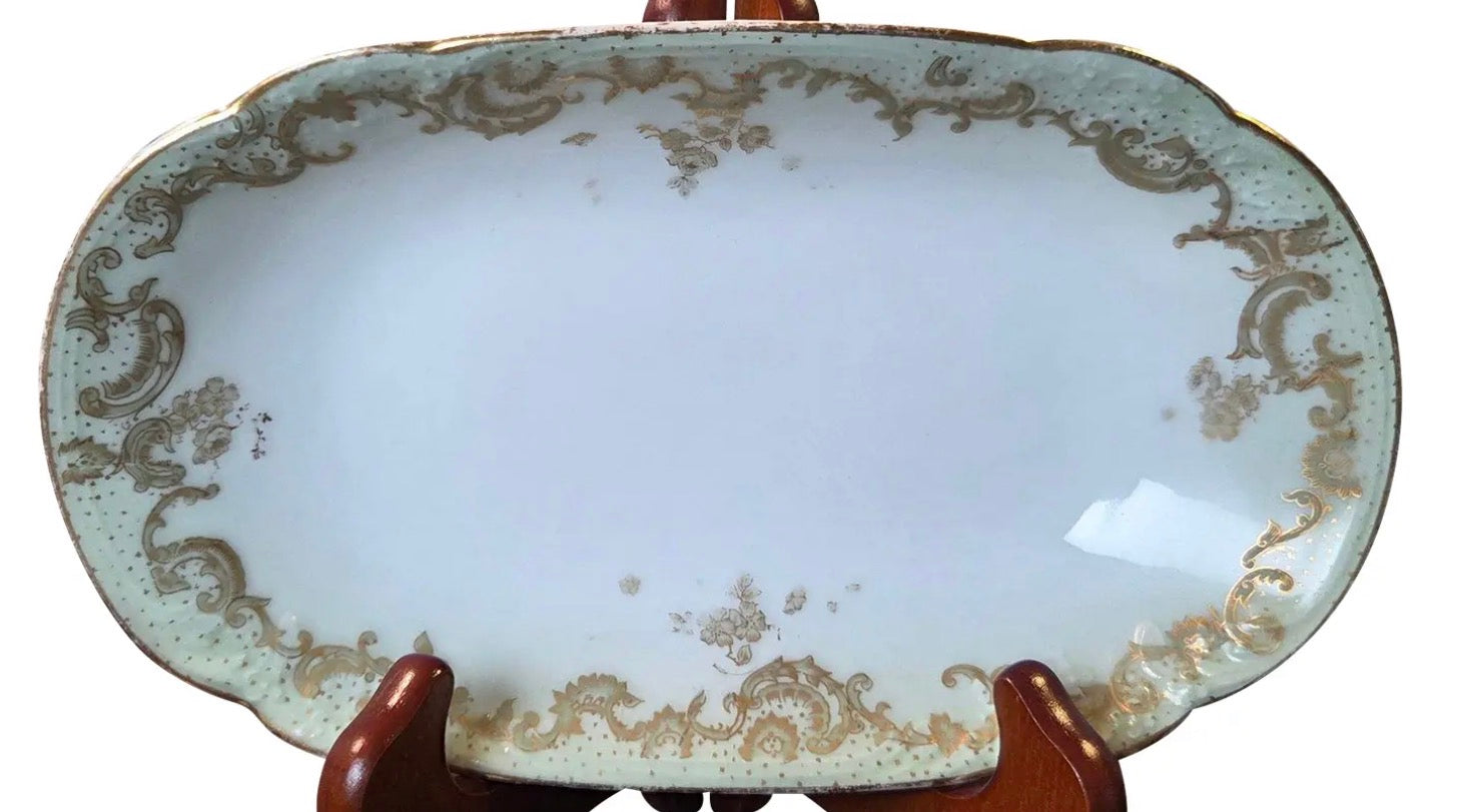 Antique Elite Works Limoges 8.5" Relish Dish - Gilded Scrolls & Celadon Dot Border