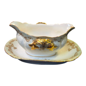 Antique Elite Works Limoges Two-Handled Gravy Boat - Celadon Dots and Gilded Scrolls
