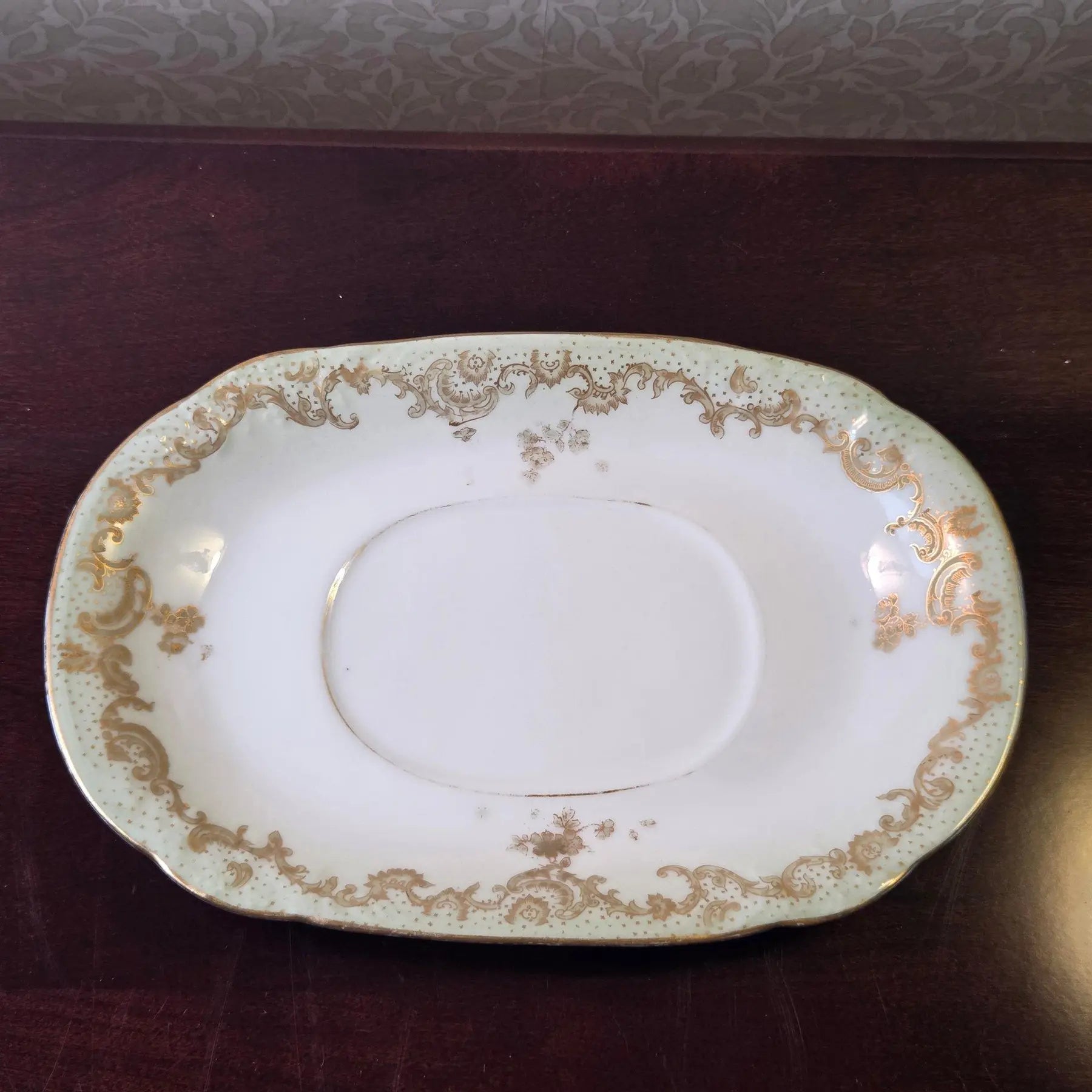 Antique Elite Works Limoges Two-Handled Gravy Boat - Celadon Dots and Gilded Scrolls