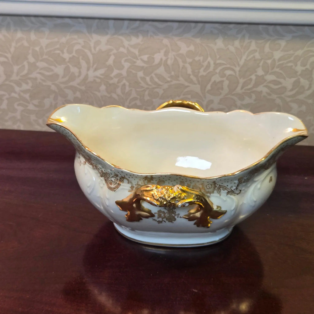 Antique Elite Works Limoges Two-Handled Gravy Boat - Celadon Dots and Gilded Scrolls