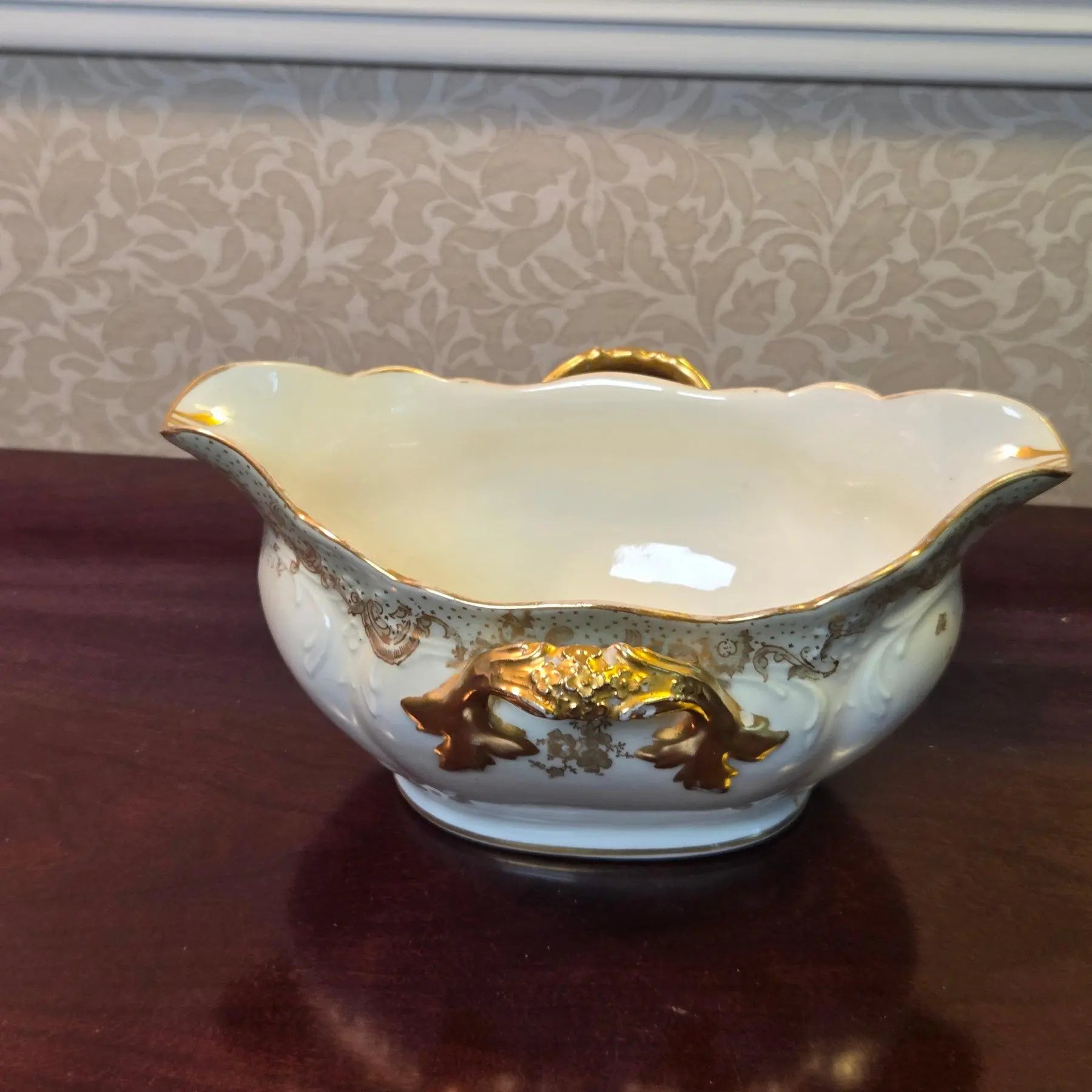 Antique Elite Works Limoges Two-Handled Gravy Boat - Celadon Dots and Gilded Scrolls
