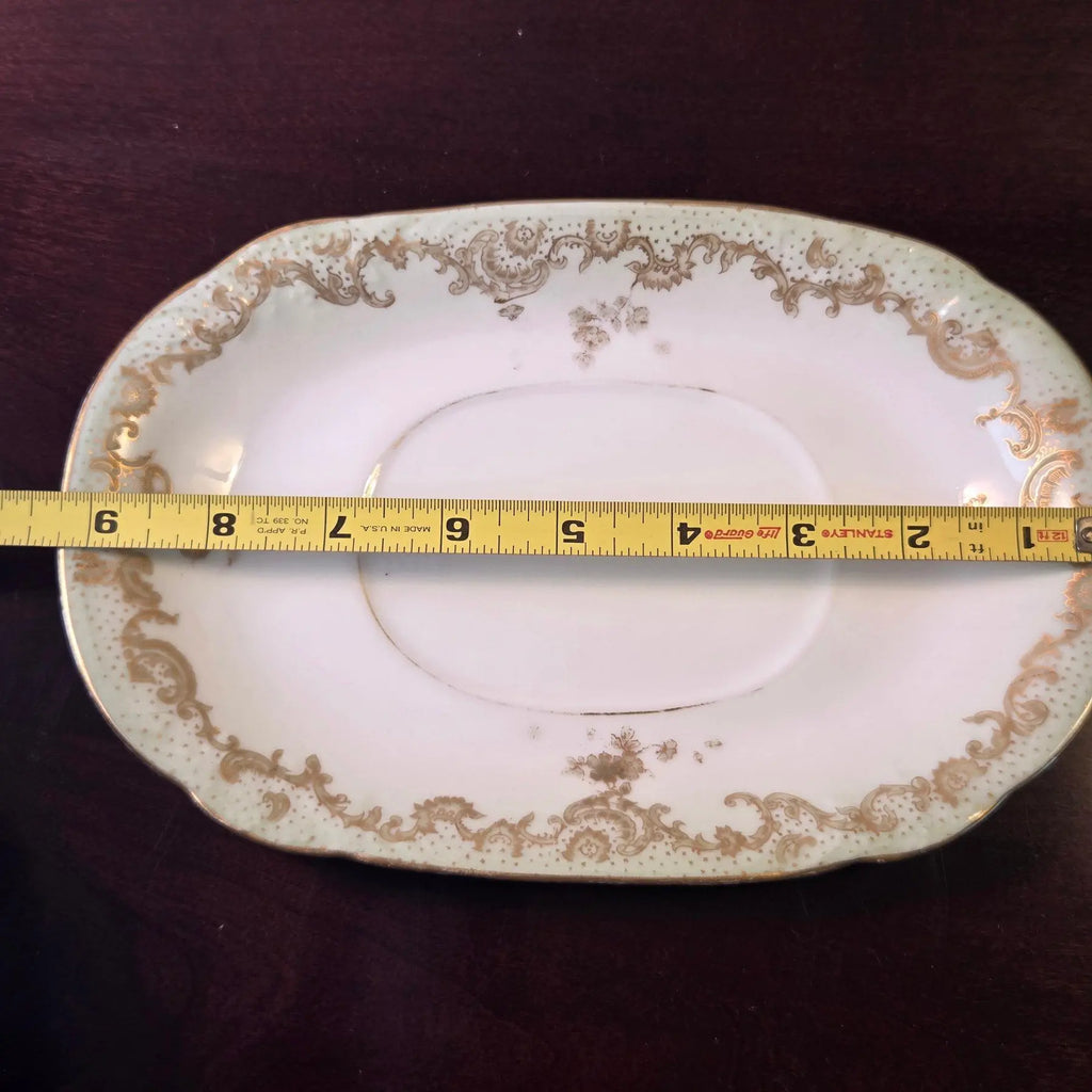 Antique Elite Works Limoges Two-Handled Gravy Boat - Celadon Dots and Gilded Scrolls