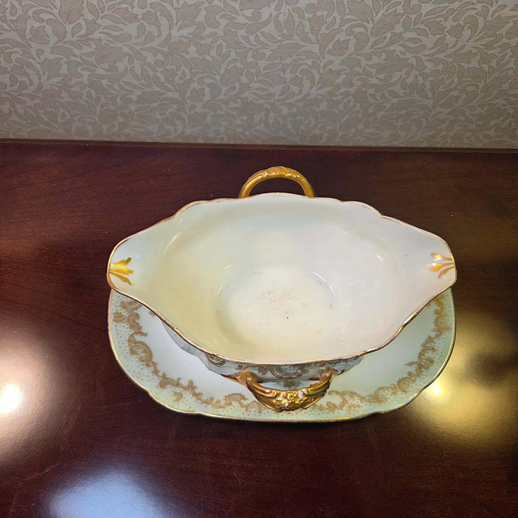 Antique Elite Works Limoges Two-Handled Gravy Boat - Celadon Dots and Gilded Scrolls