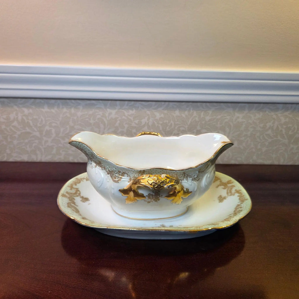 Antique Elite Works Limoges Two-Handled Gravy Boat - Celadon Dots and Gilded Scrolls