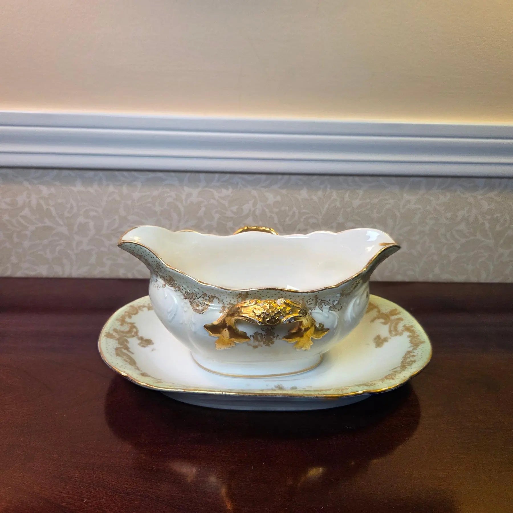 Antique Elite Works Limoges Two-Handled Gravy Boat - Celadon Dots and Gilded Scrolls