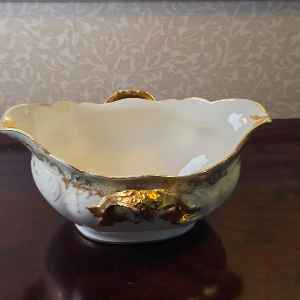 Antique Elite Works Limoges Two-Handled Gravy Boat - Celadon Dots and Gilded Scrolls
