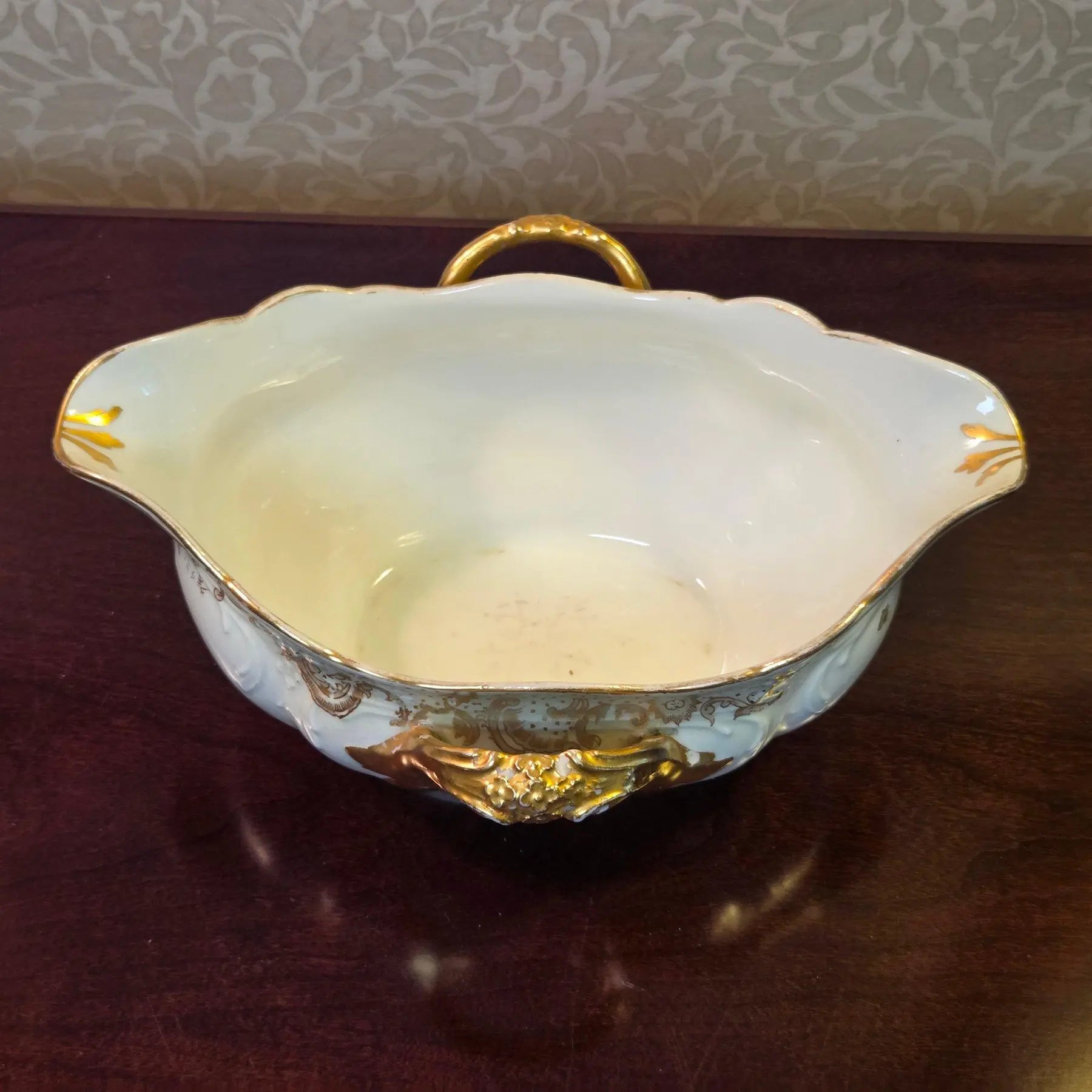 Antique Elite Works Limoges Two-Handled Gravy Boat - Celadon Dots and Gilded Scrolls