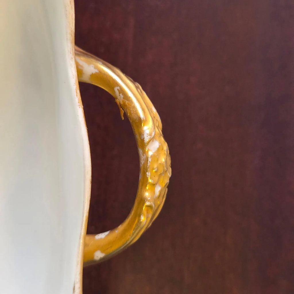 Antique Elite Works Limoges Two-Handled Gravy Boat - Celadon Dots and Gilded Scrolls
