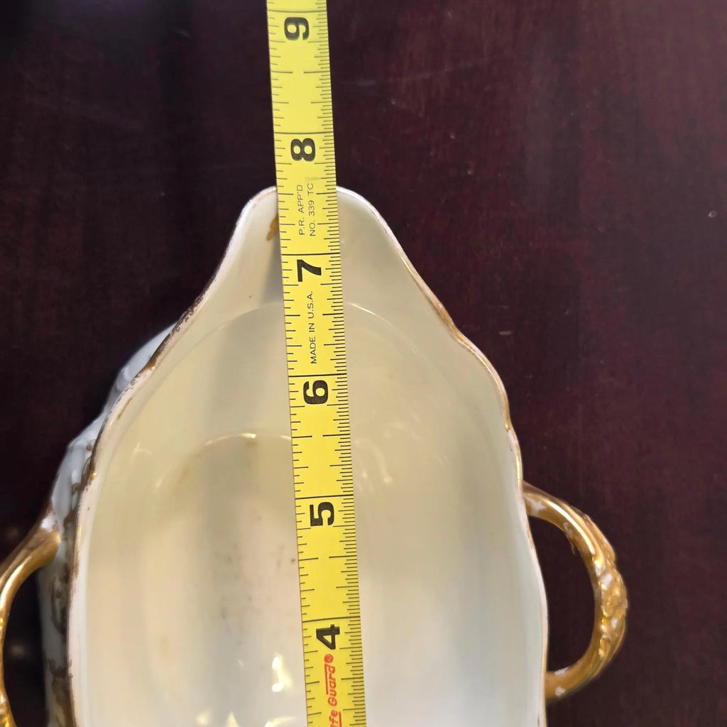 Antique Elite Works Limoges Two-Handled Gravy Boat - Celadon Dots and Gilded Scrolls