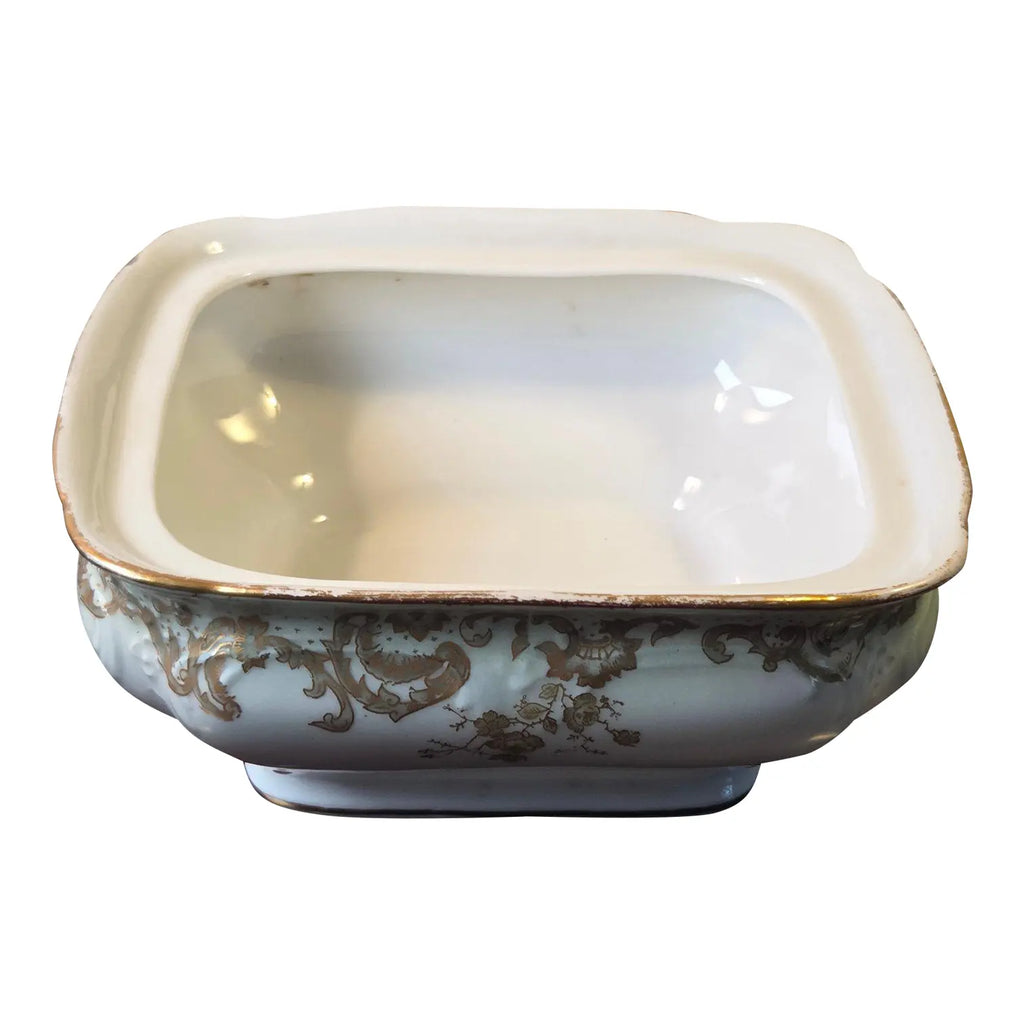 Antique Elite Works Limoges 9” Square Vegetable Bowl - Celadon Dots & Gilded Scrolls