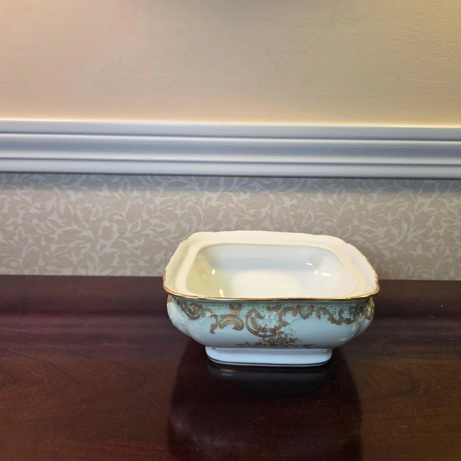 Antique Elite Works Limoges 9” Square Vegetable Bowl - Celadon Dots & Gilded Scrolls