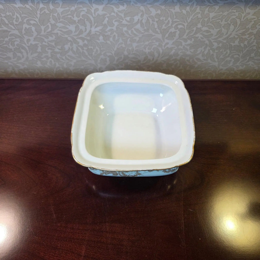 Antique Elite Works Limoges 9” Square Vegetable Bowl - Celadon Dots & Gilded Scrolls