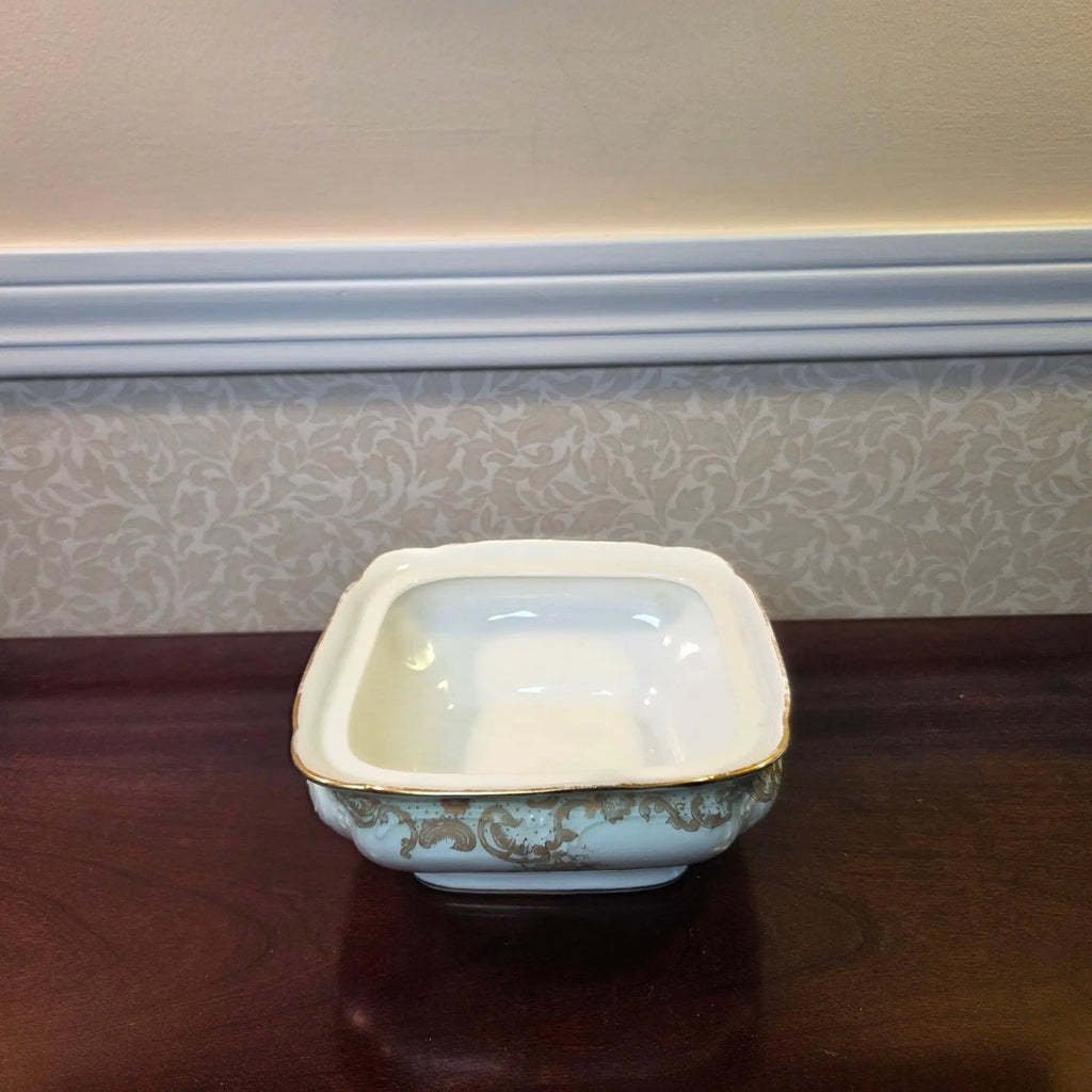 Antique Elite Works Limoges 9” Square Vegetable Bowl - Celadon Dots & Gilded Scrolls