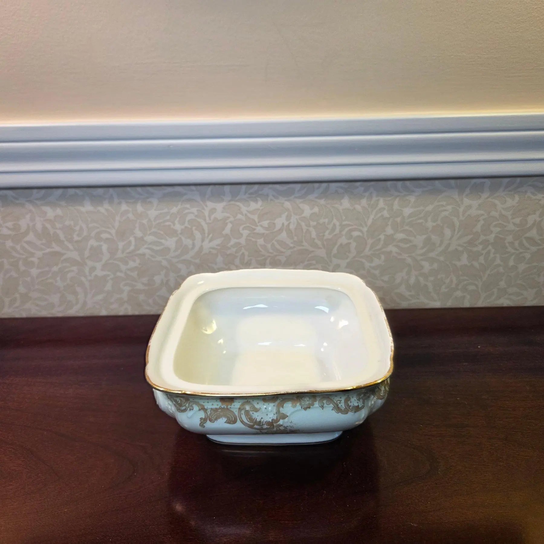 Antique Elite Works Limoges 9” Square Vegetable Bowl - Celadon Dots & Gilded Scrolls