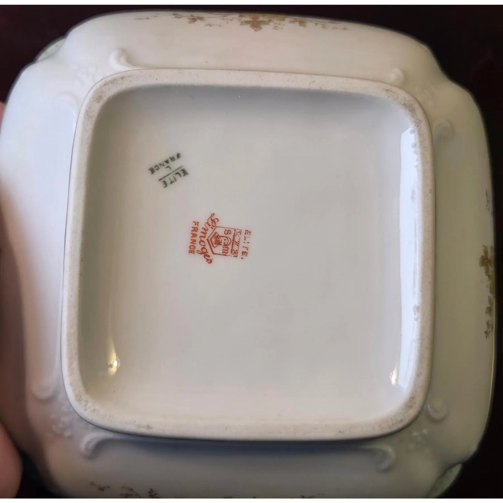 Antique Elite Works Limoges 9” Square Vegetable Bowl - Celadon Dots & Gilded Scrolls