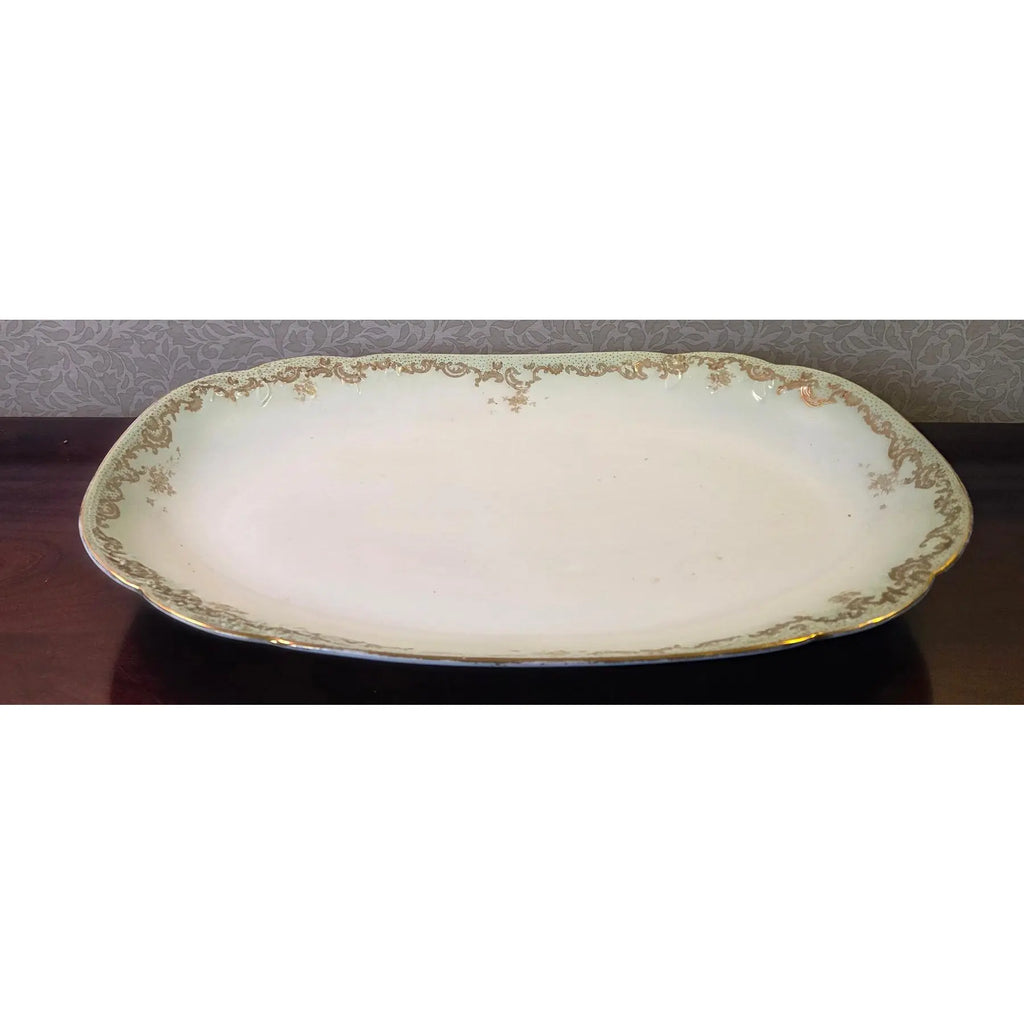 Antique Elite Works Limoges 18" Grand Hostess Platter - Gilded Scrolls & Celadon Dot Border