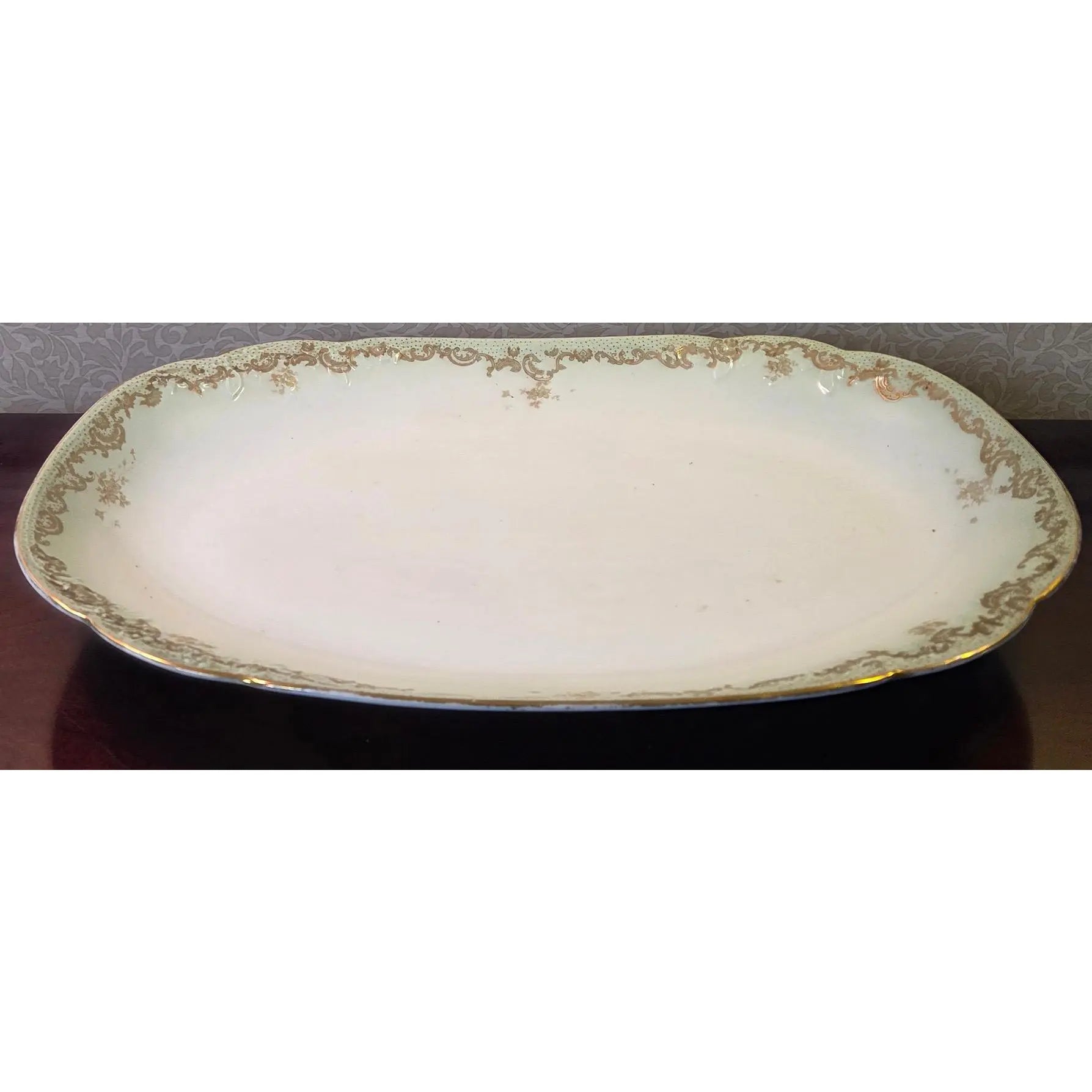Antique Elite Works Limoges 18" Grand Hostess Platter - Gilded Scrolls & Celadon Dot Border