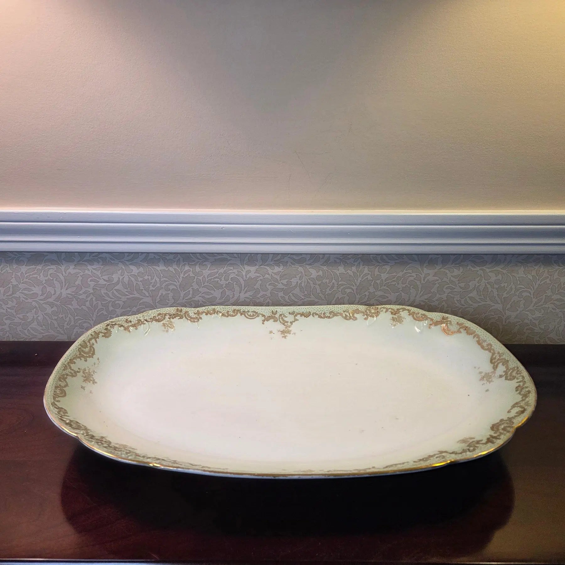 Antique Elite Works Limoges 18" Grand Hostess Platter - Gilded Scrolls & Celadon Dot Border