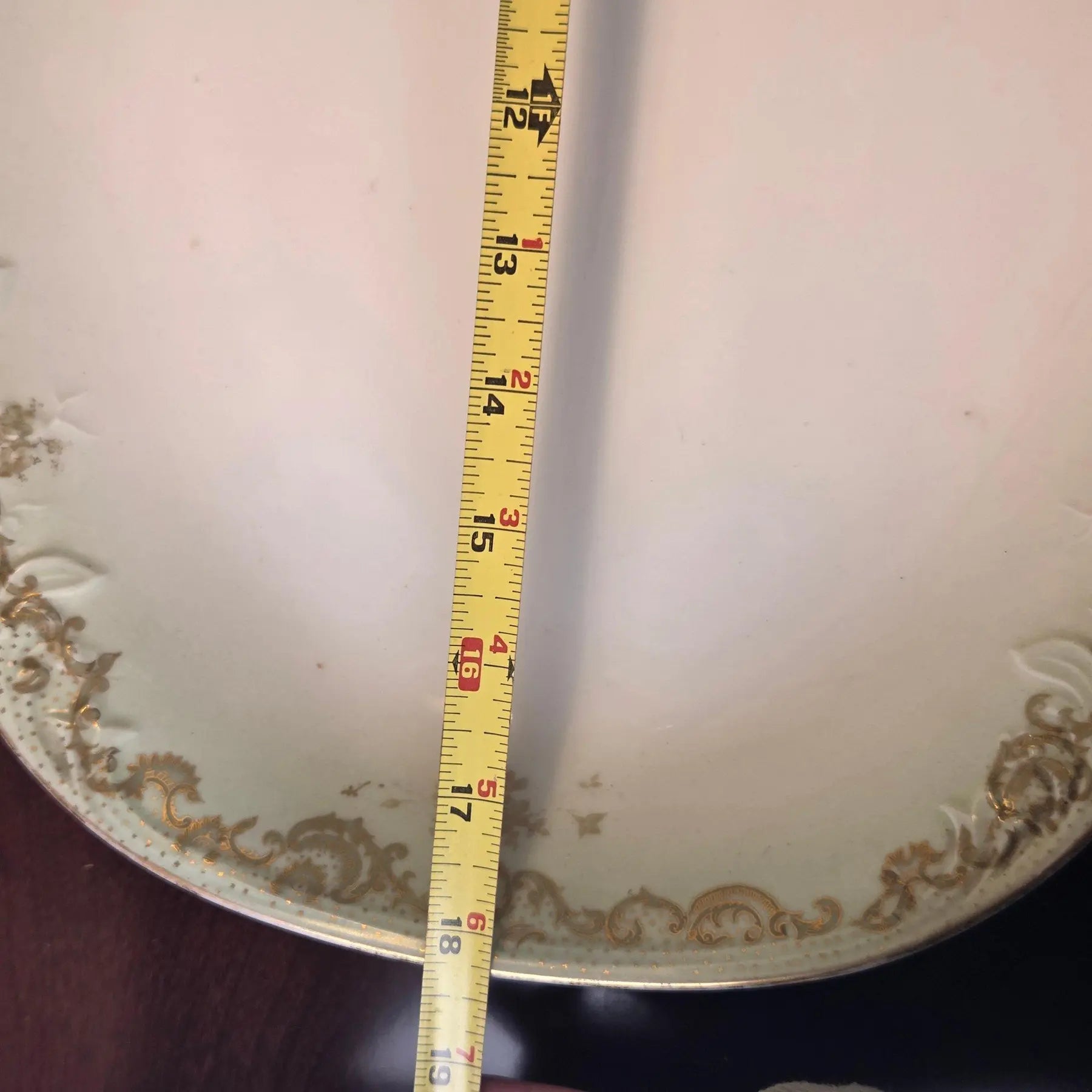 Antique Elite Works Limoges 18" Grand Hostess Platter - Gilded Scrolls & Celadon Dot Border