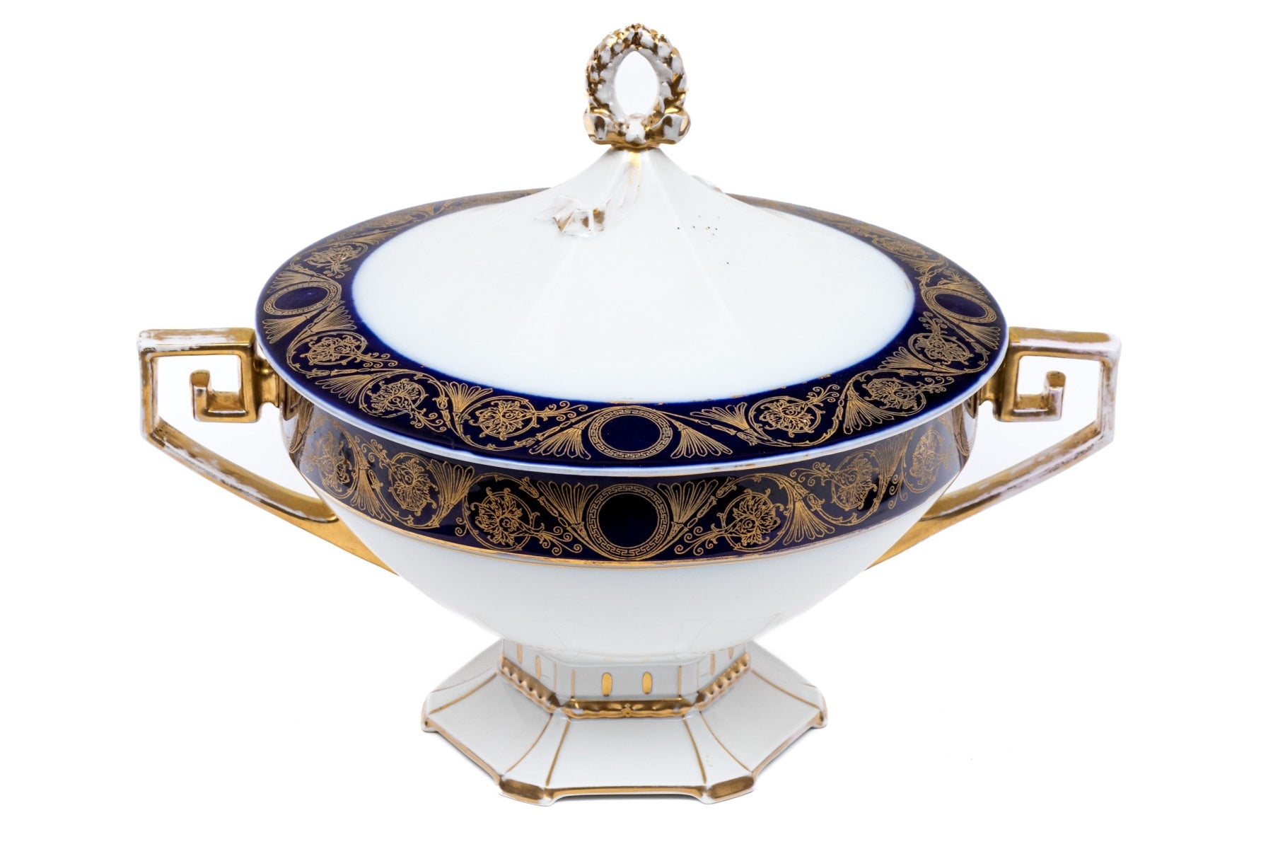 Antique M Z Austria Porcelain Lidded Tureen in Cobalt Blue and Gold Neoclassical Style