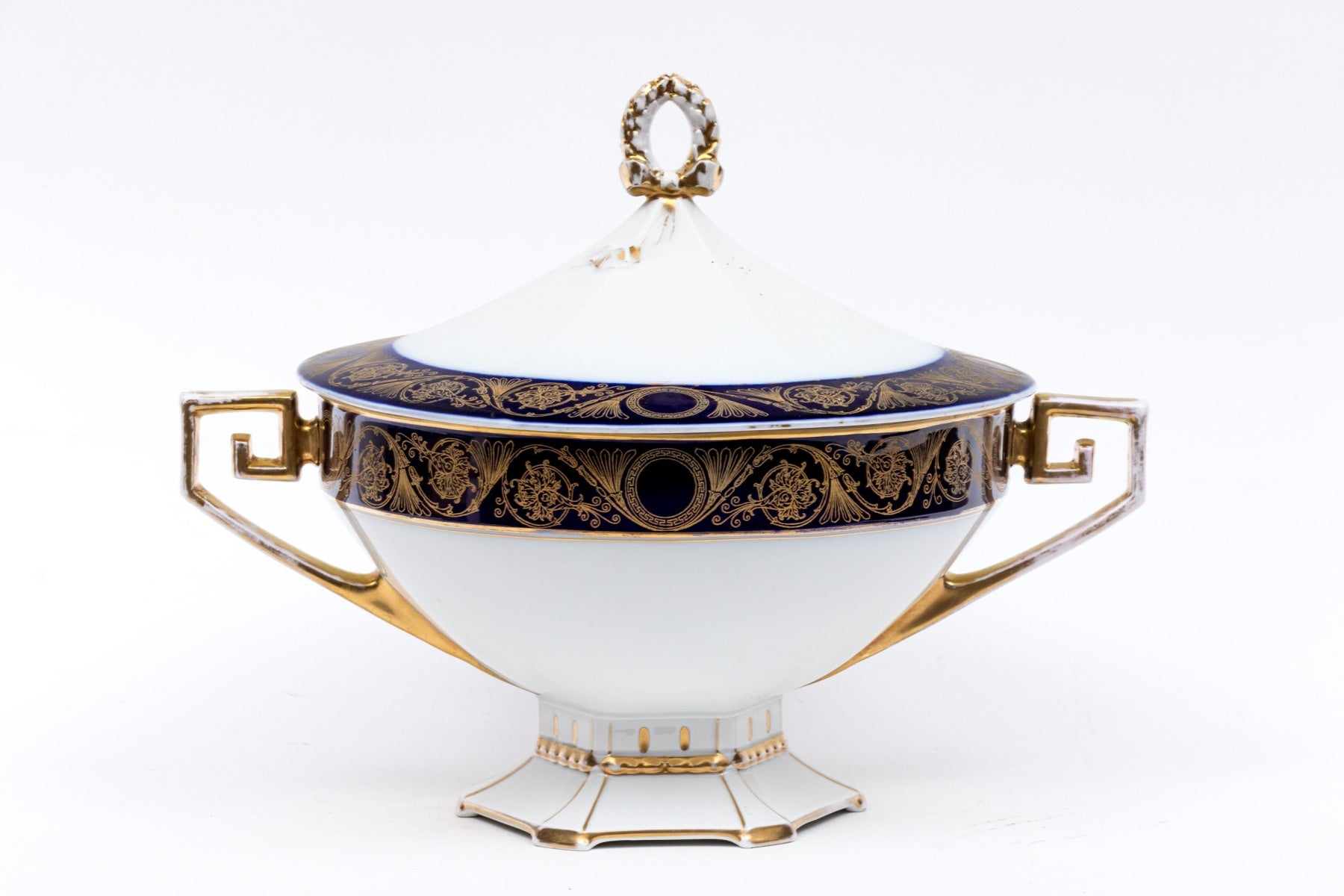 Antique M Z Austria Porcelain Lidded Tureen in Cobalt Blue and Gold Neoclassical Style