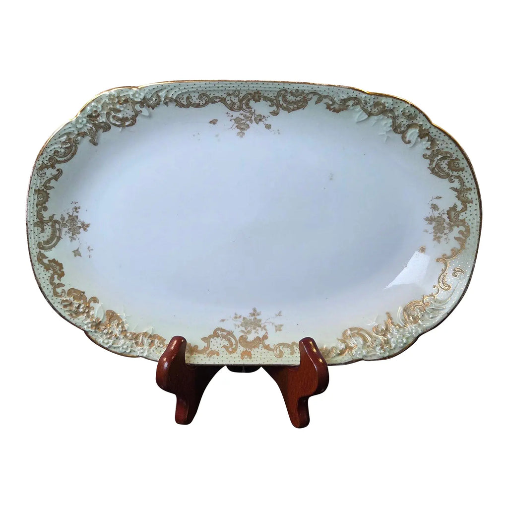 Antique Elite Works Limoges 11.5" Serving Platter - Gilded Scrolls & Celadon Dot Border
