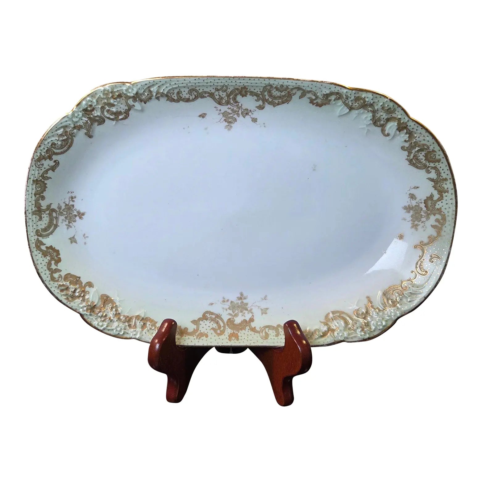 Antique Elite Works Limoges 11.5" Serving Platter - Gilded Scrolls & Celadon Dot Border