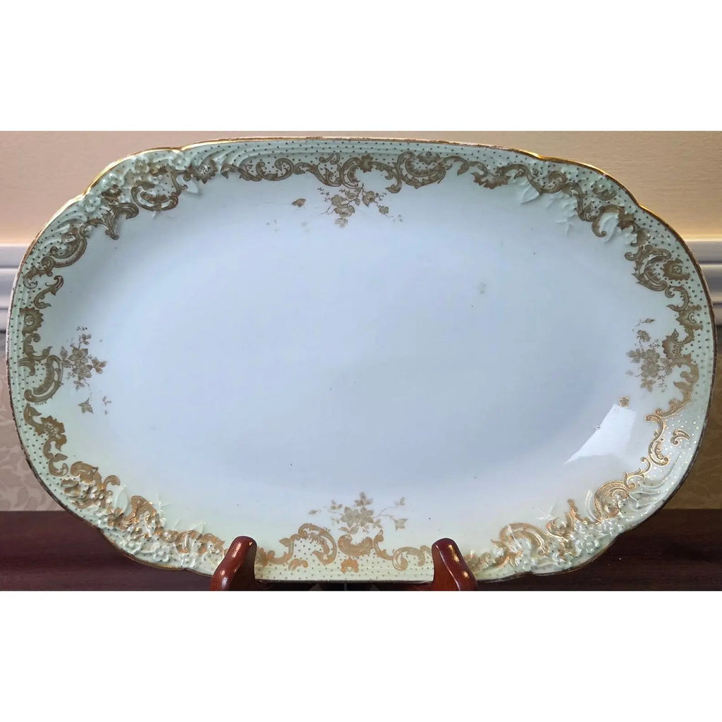 Antique Elite Works Limoges 11.5" Serving Platter - Gilded Scrolls & Celadon Dot Border