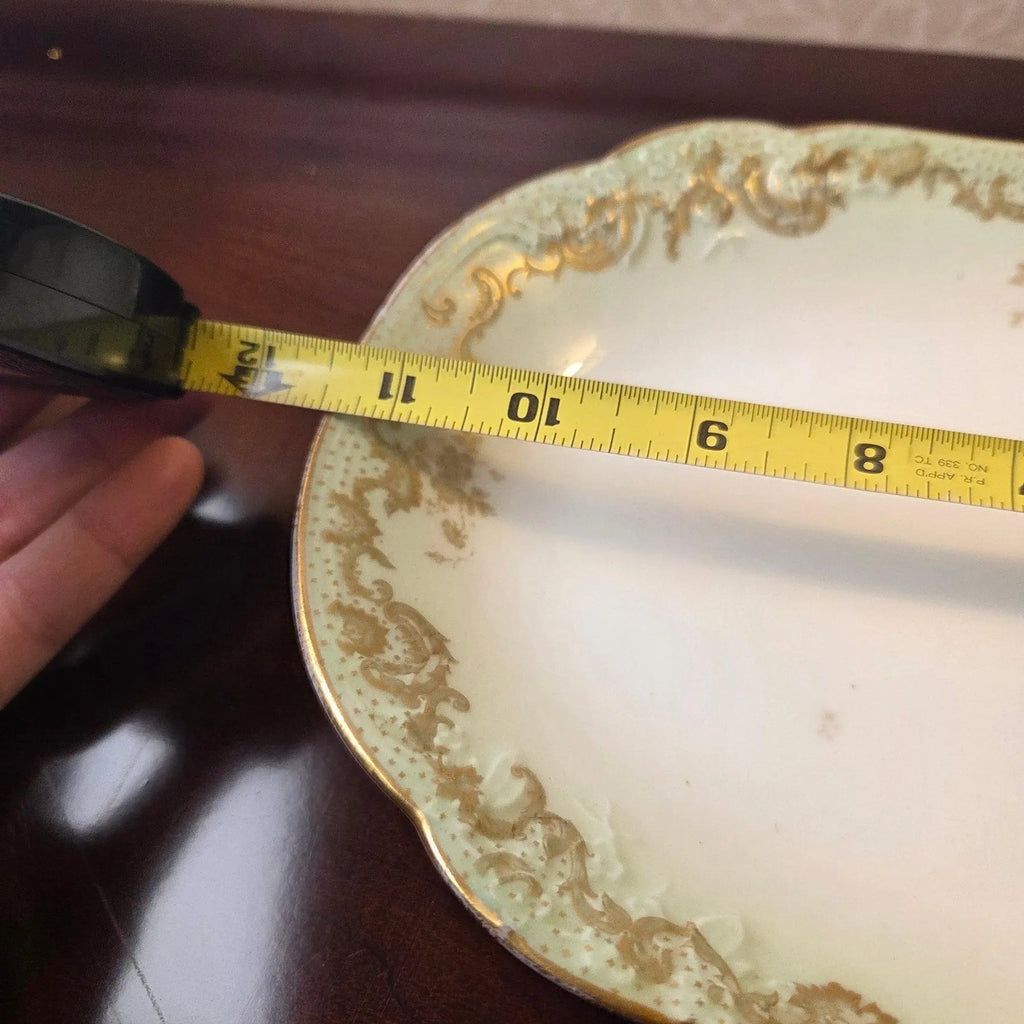 Antique Elite Works Limoges 11.5" Serving Platter - Gilded Scrolls & Celadon Dot Border