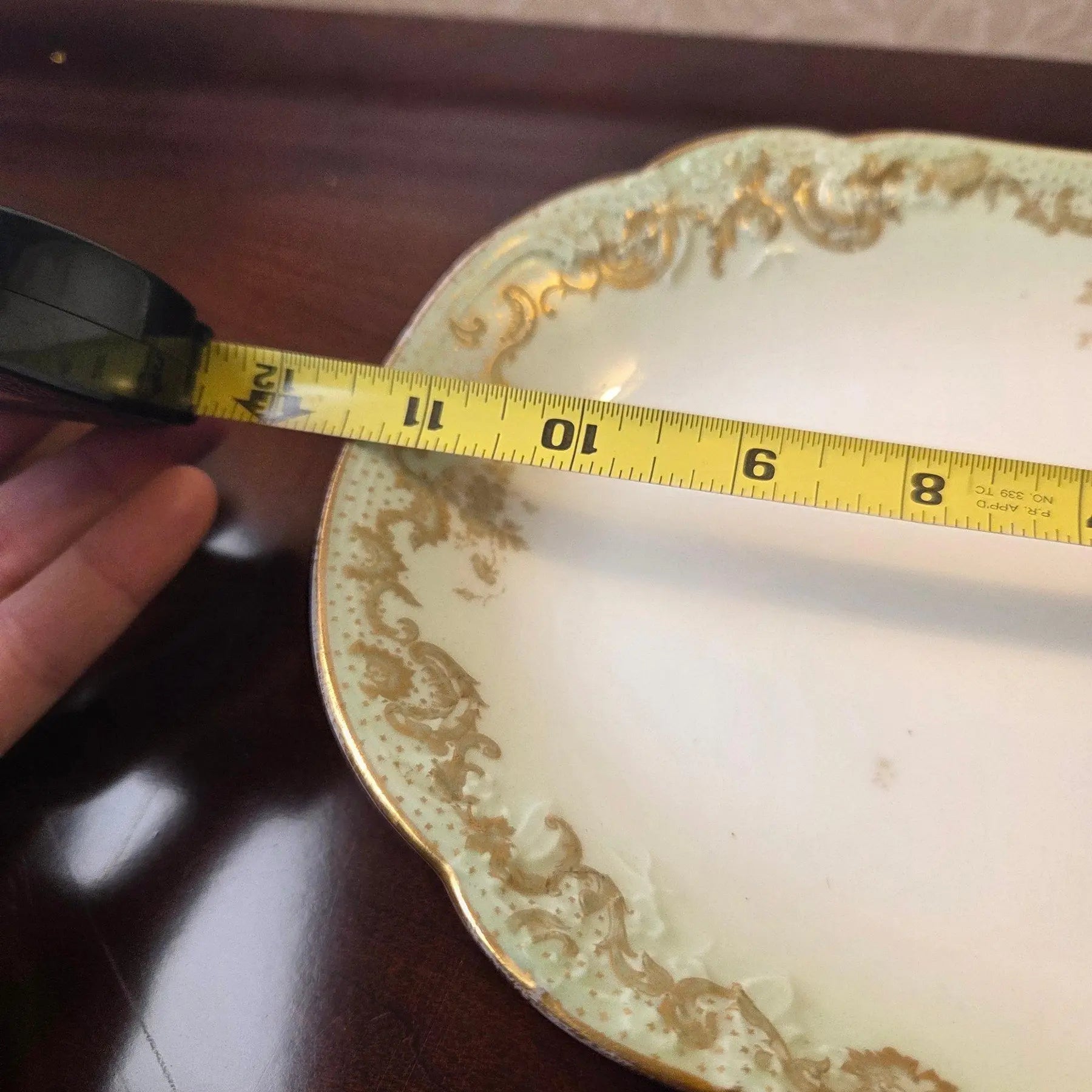 Antique Elite Works Limoges 11.5" Serving Platter - Gilded Scrolls & Celadon Dot Border