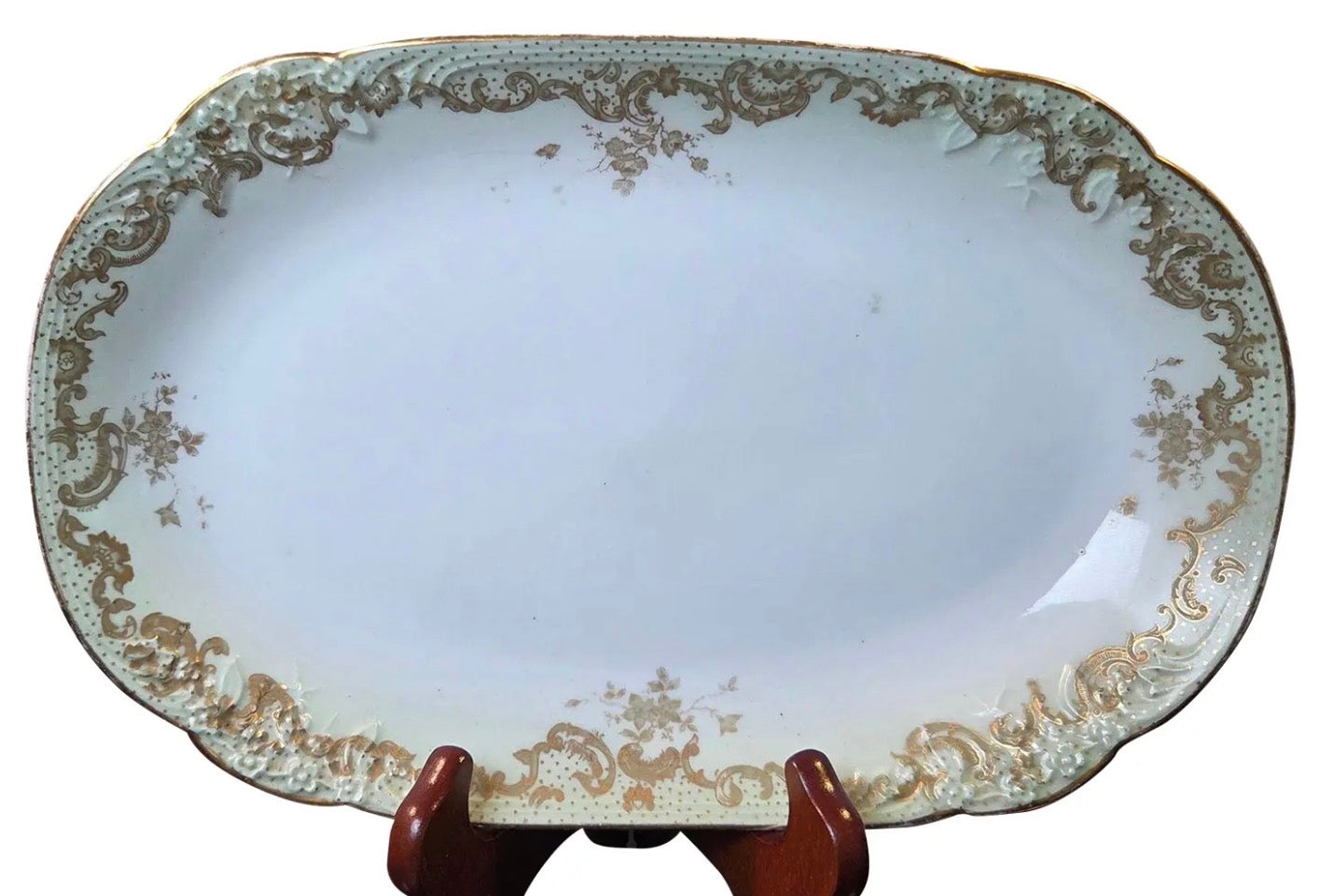 Antique Elite Works Limoges 11.5" Serving Platter - Gilded Scrolls & Celadon Dot Border