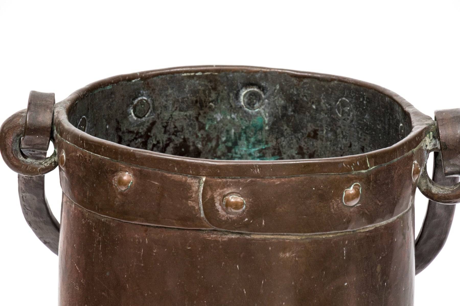 Antique Hand-Forged Copper Hearth Pot with Brass Rivet Detail