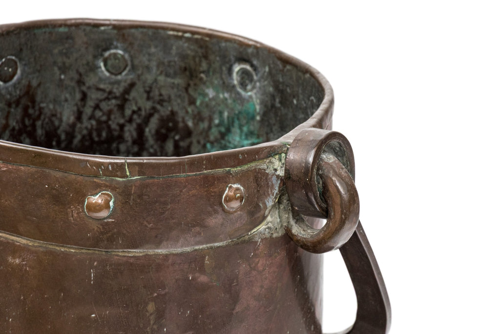 Antique Hand-Forged Copper Hearth Pot with Brass Rivet Detail